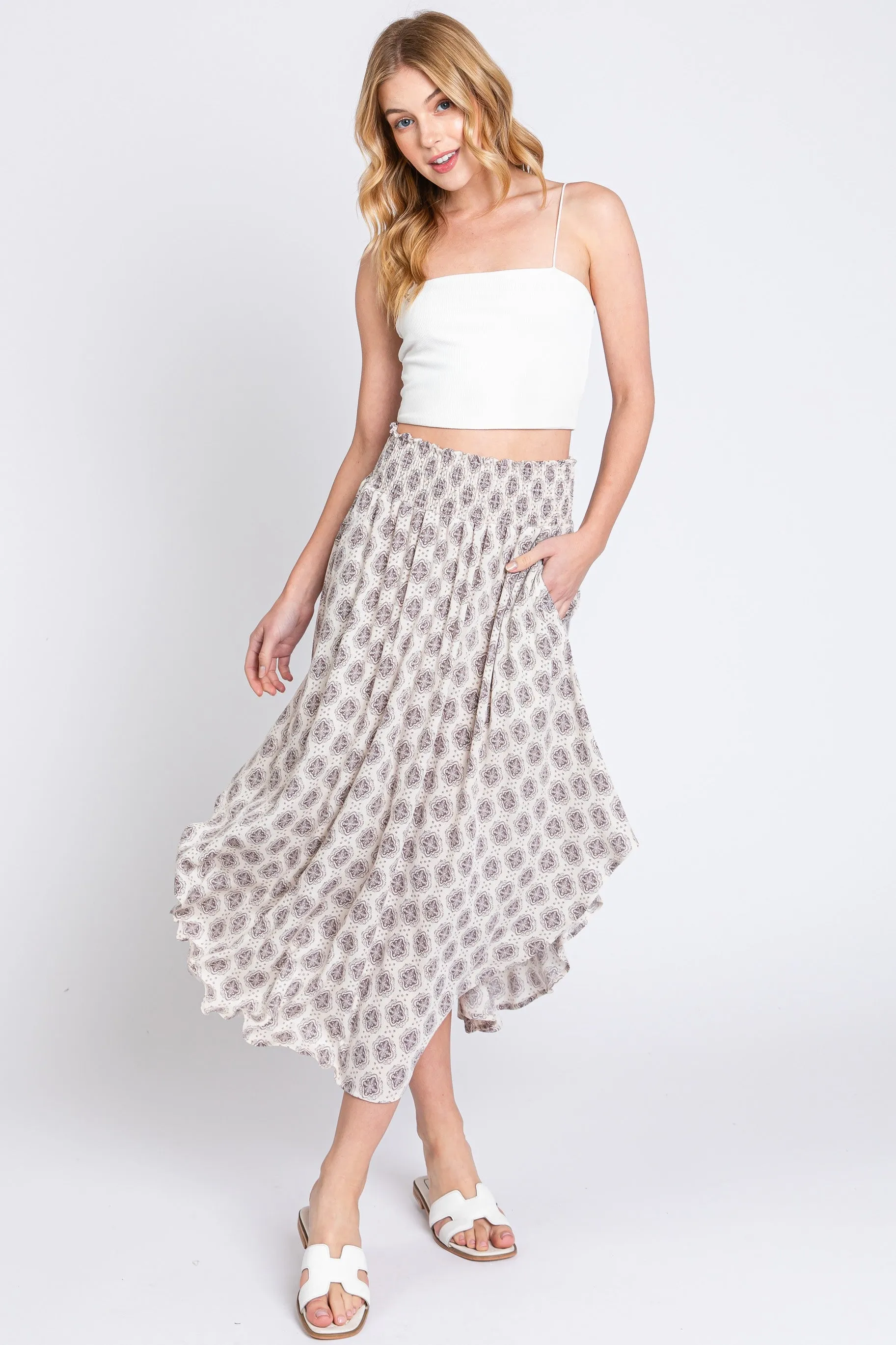 Grey Damask Print Smocked Waistband Midi Skirt sold by Pinkblush
