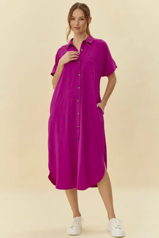 Fuchsia Button Down Front Pocket Midi Dress sold by Pinkblush