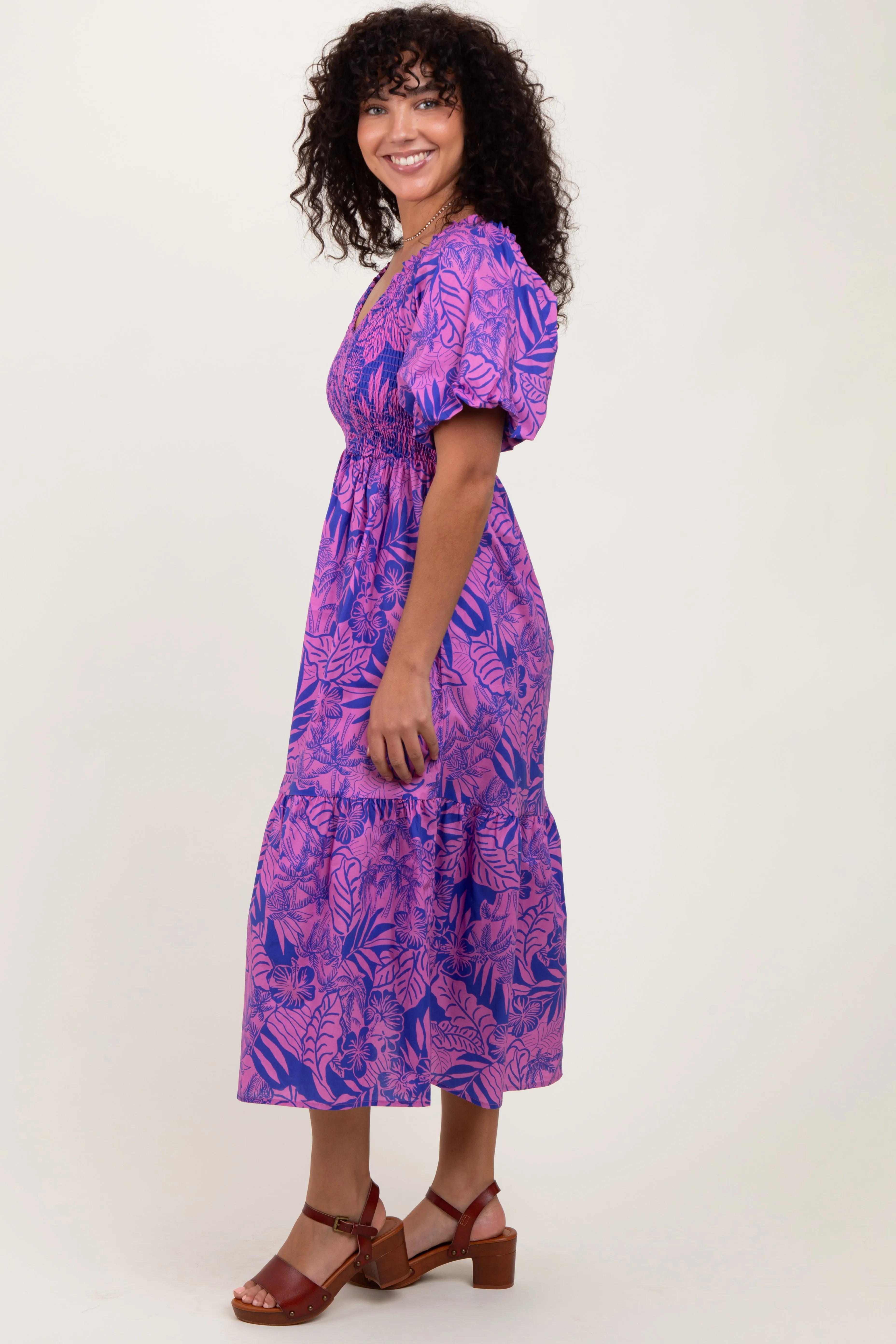 Magenta Tropical Floral Smocked Tie Back Maxi Dress sold by Pinkblush product image thumbnail 2