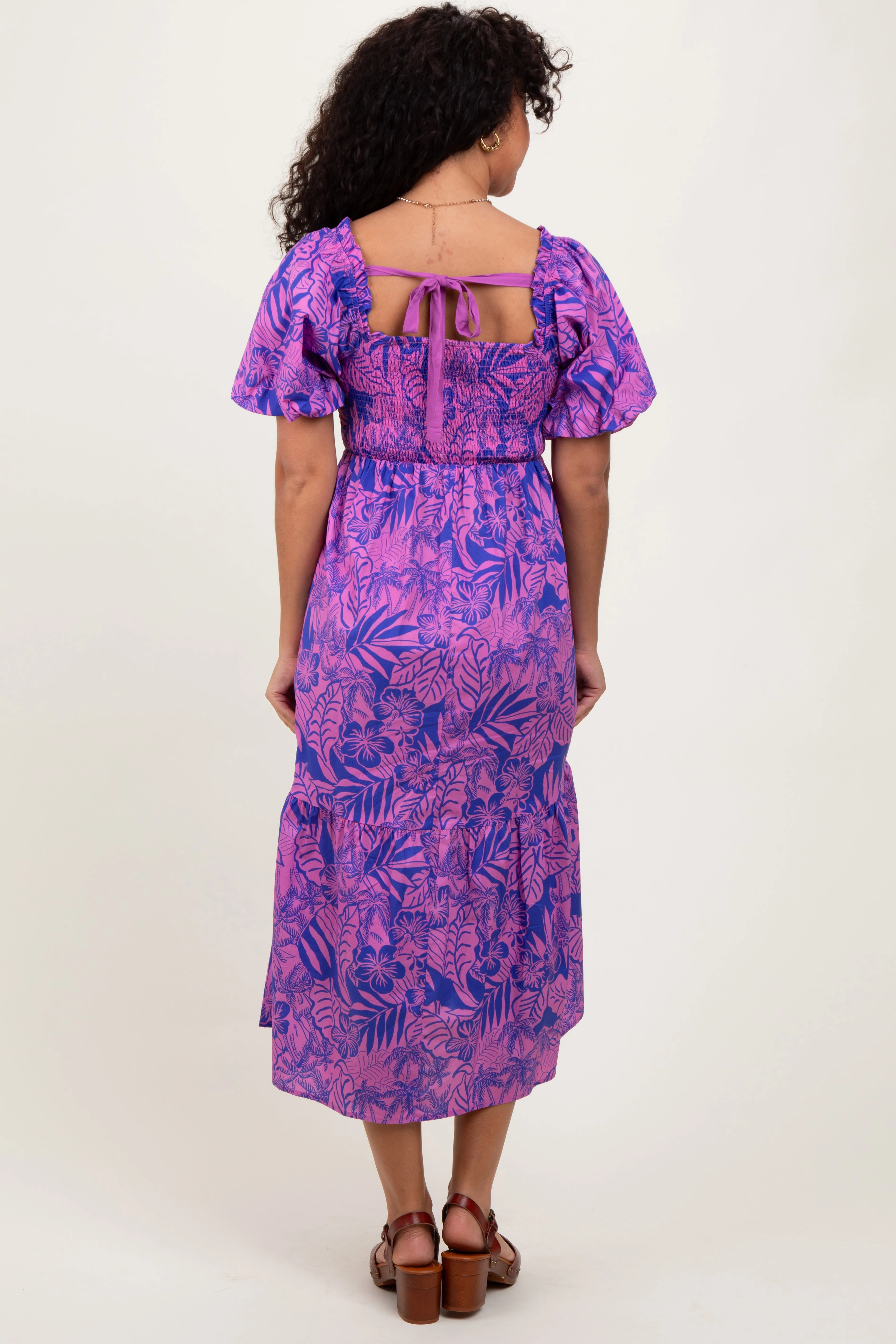 Magenta Tropical Floral Smocked Tie Back Maxi Dress sold by Pinkblush product image thumbnail 3