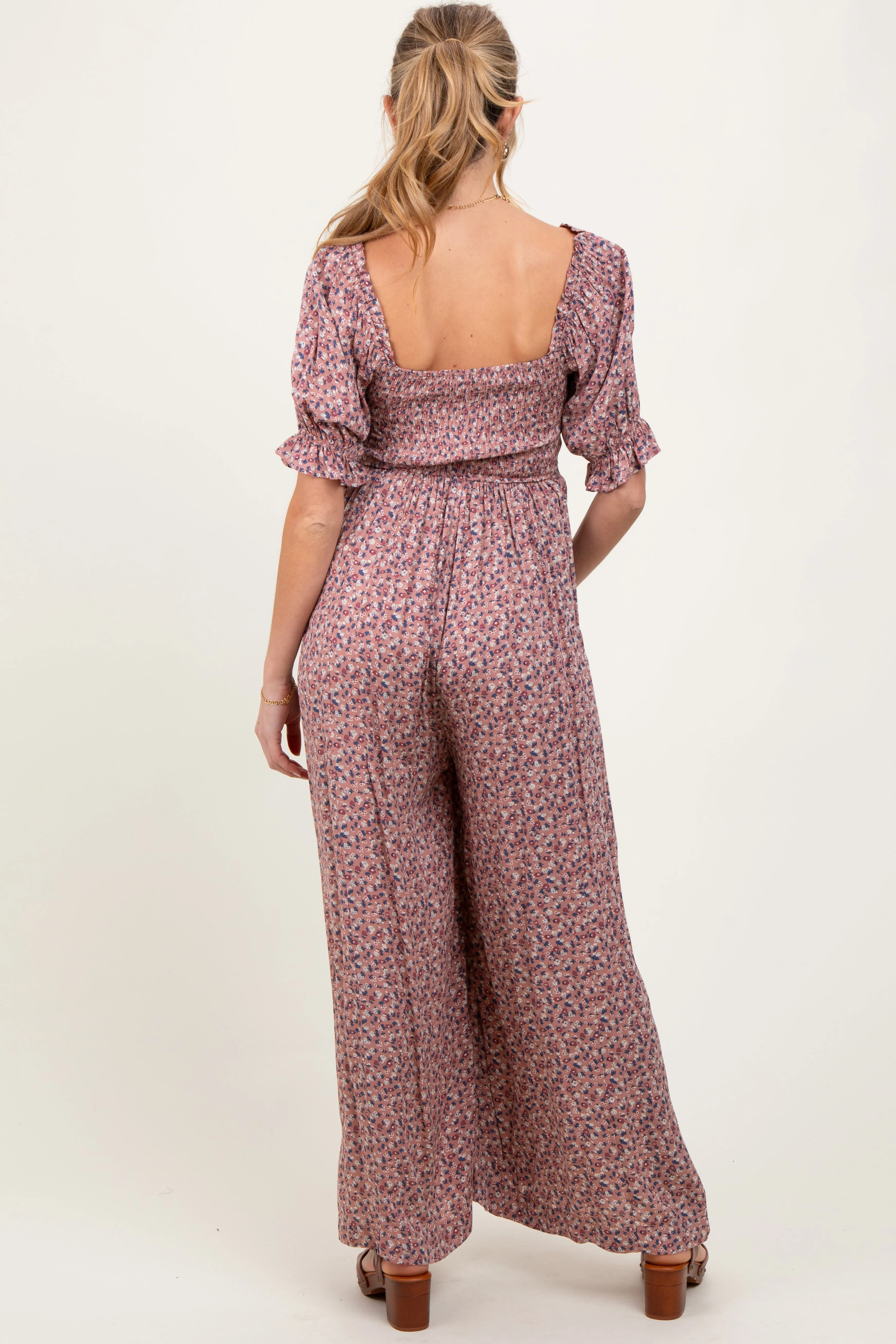 Mauve Floral Smocked Puff Sleeve Maternity Jumpsuit sold by Pinkblush product image thumbnail 3