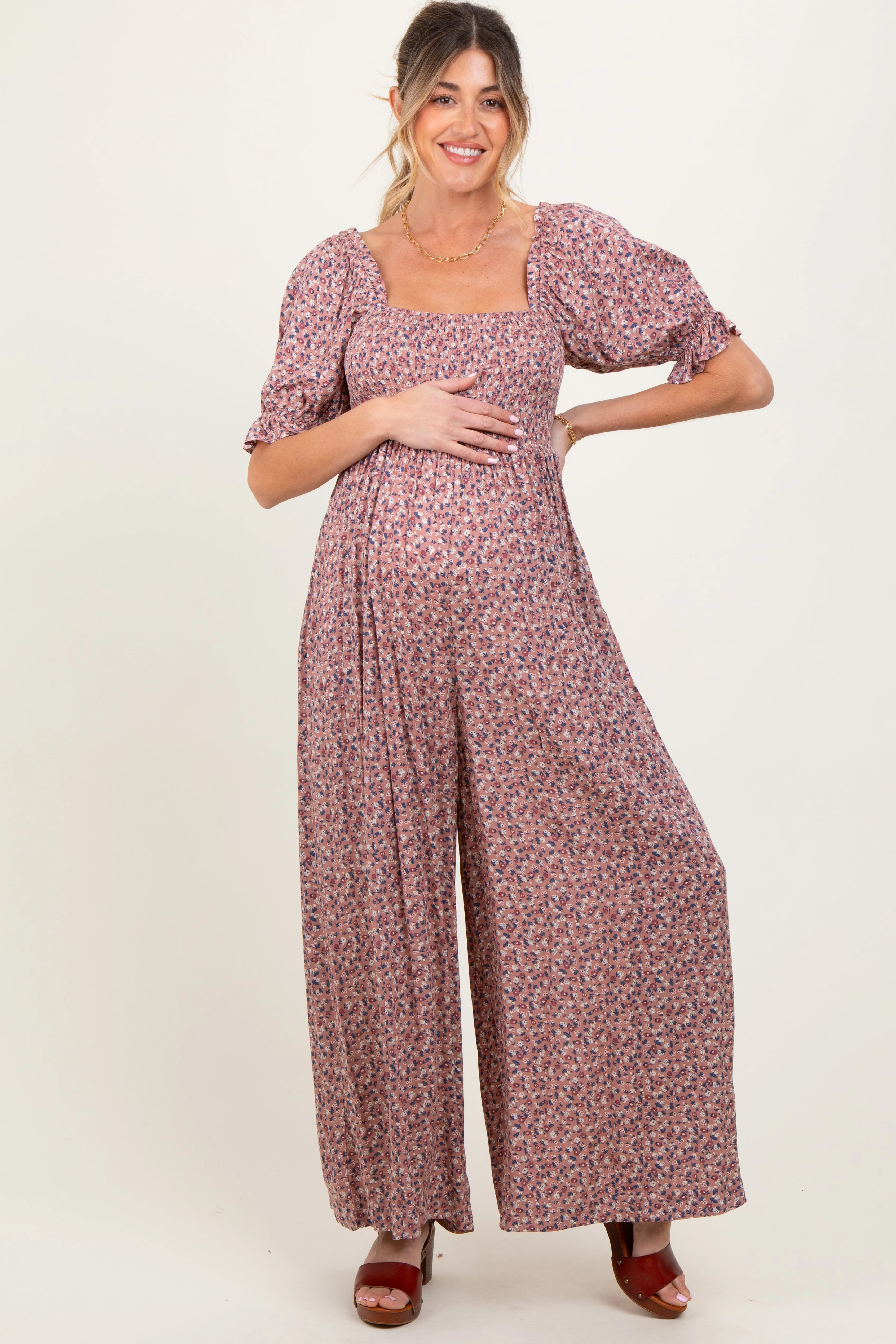 Mauve Floral Smocked Puff Sleeve Maternity Jumpsuit sold by Pinkblush