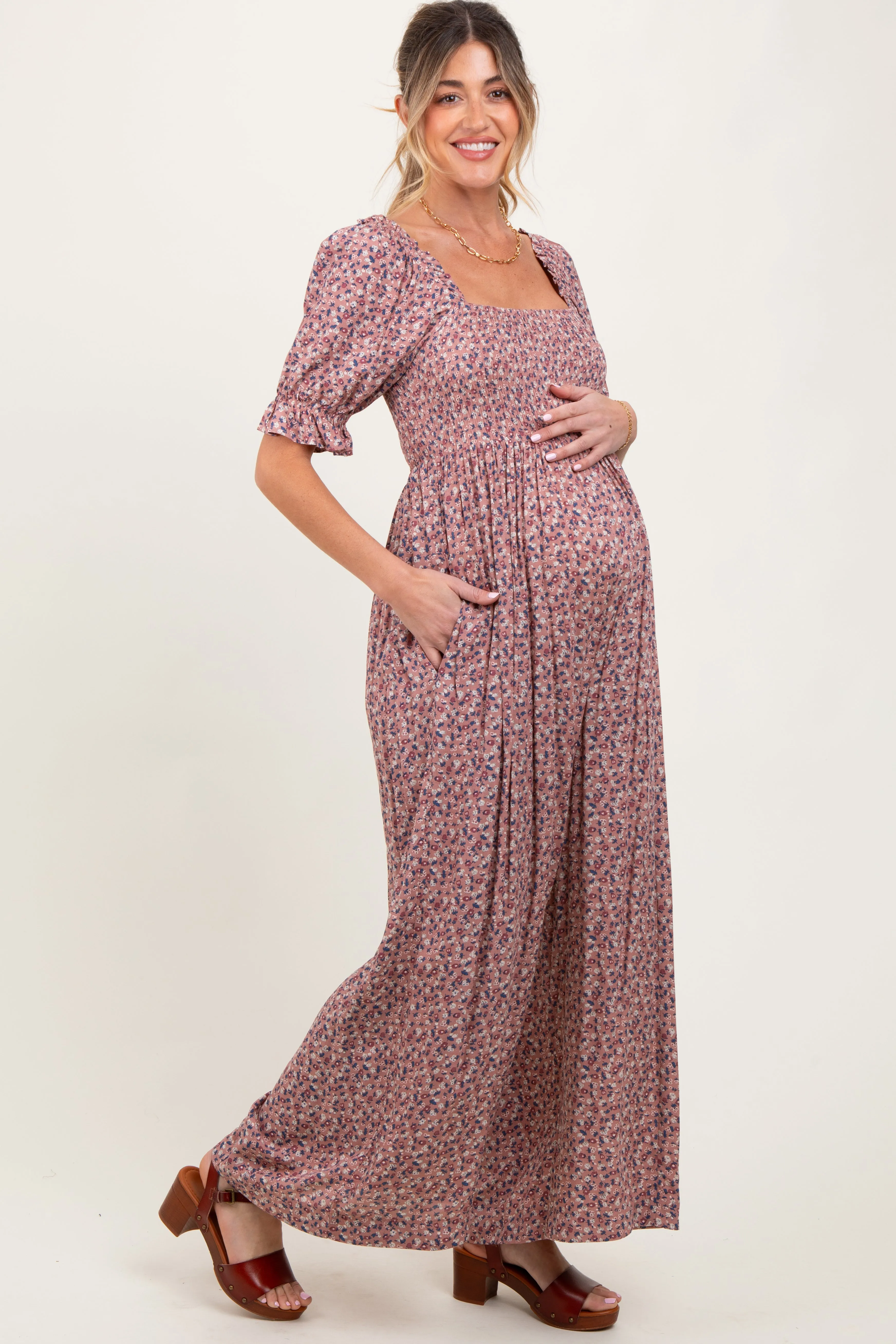 Mauve Floral Smocked Puff Sleeve Maternity Jumpsuit sold by Pinkblush product image thumbnail 2