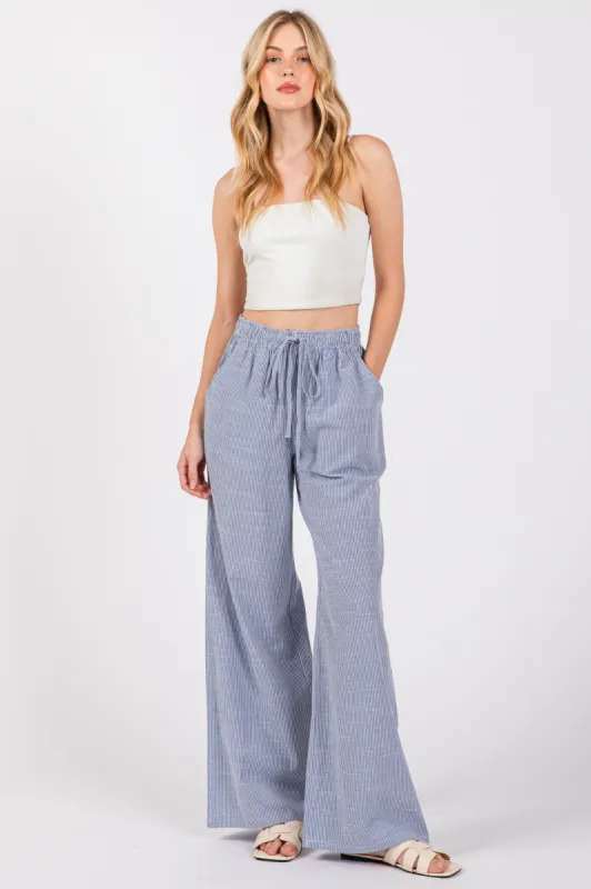 Blue Striped Drawstring Wide Leg Pants sold by Pinkblush