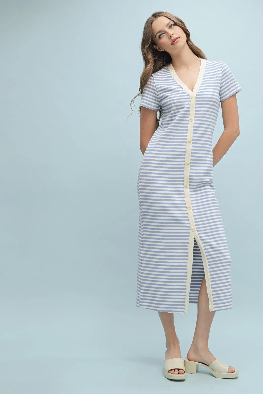 Light Blue Striped Button Down Midi Dress sold by Pinkblush
