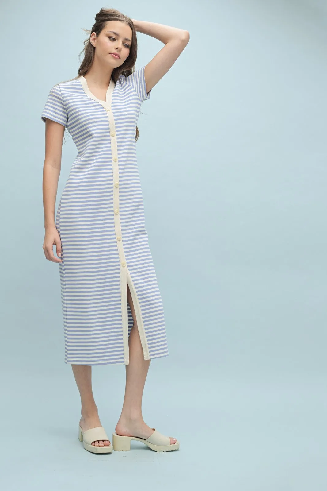 Light Blue Striped Button Down Midi Dress sold by Pinkblush product image thumbnail 2