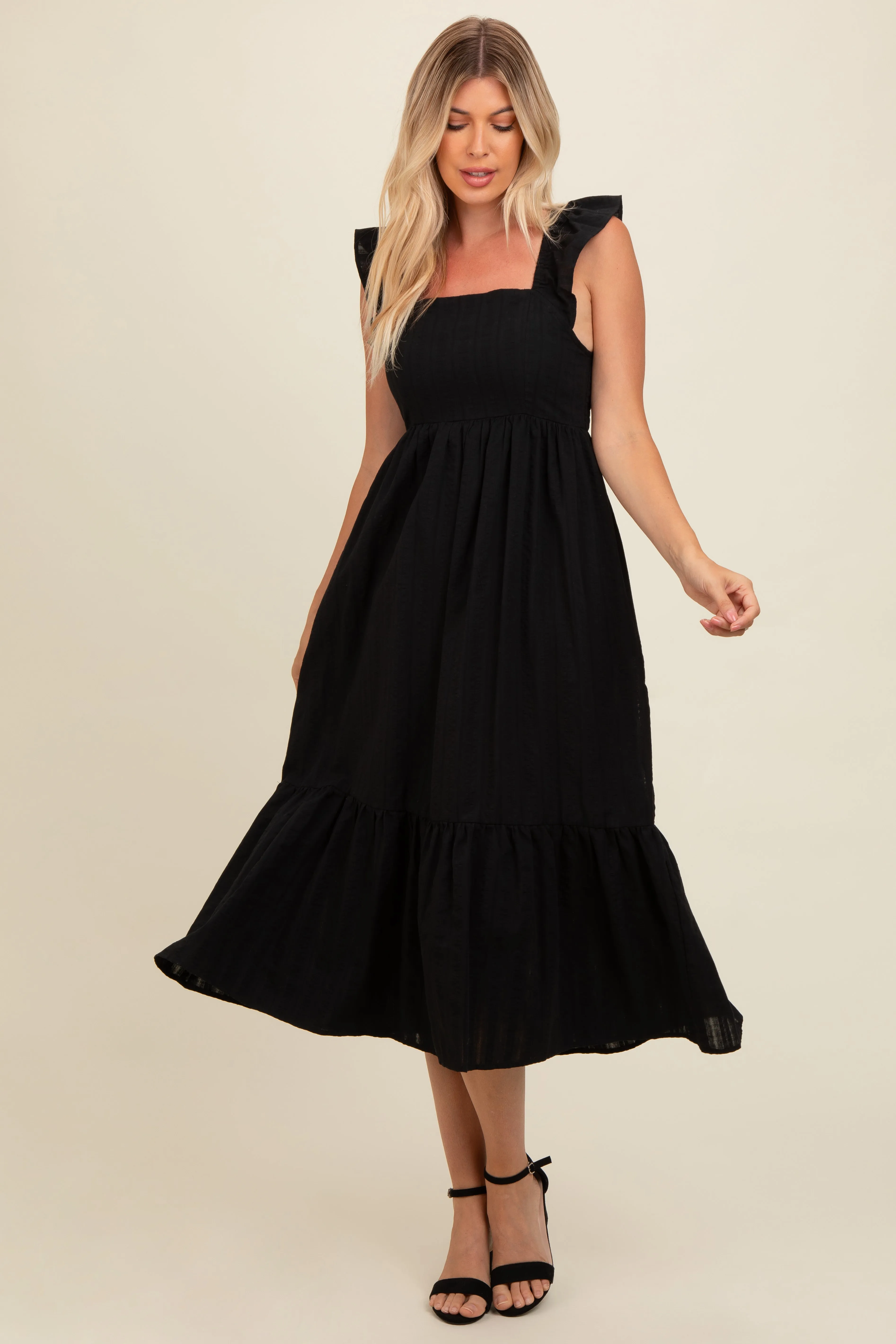 Black Textured Cotton Ruffle Strap Midi Dress sold by Pinkblush