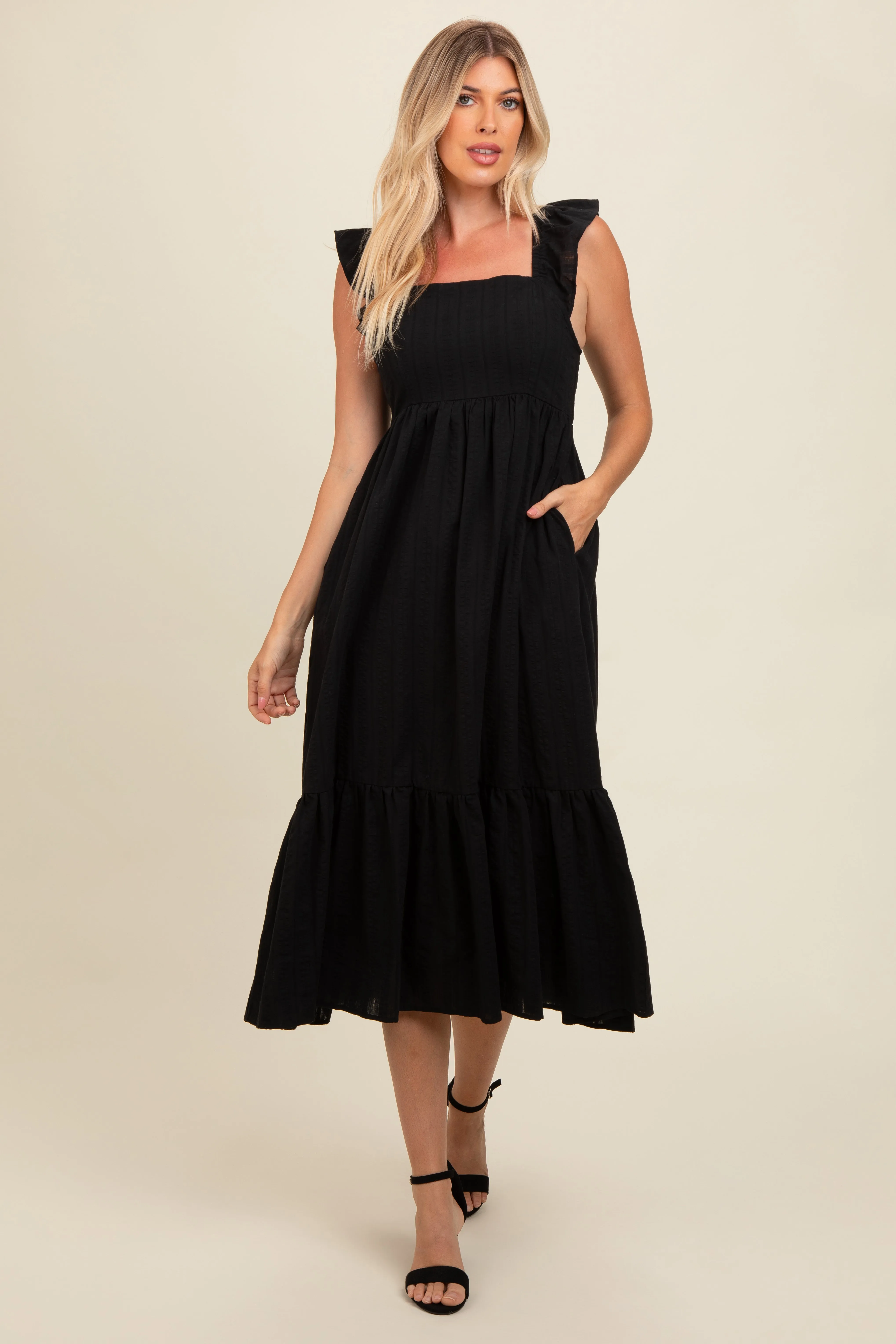 Black Textured Cotton Ruffle Strap Midi Dress sold by Pinkblush product image thumbnail 2