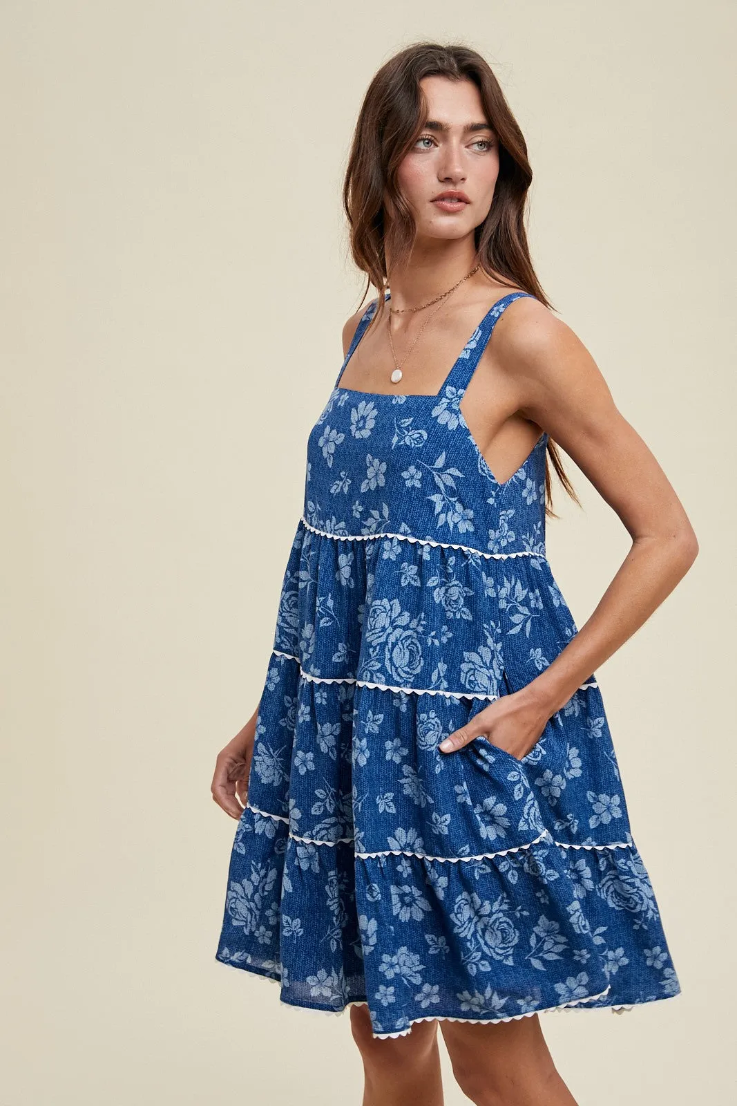 Navy Blue Floral Tiered Mini Dress sold by Pinkblush product image thumbnail 3