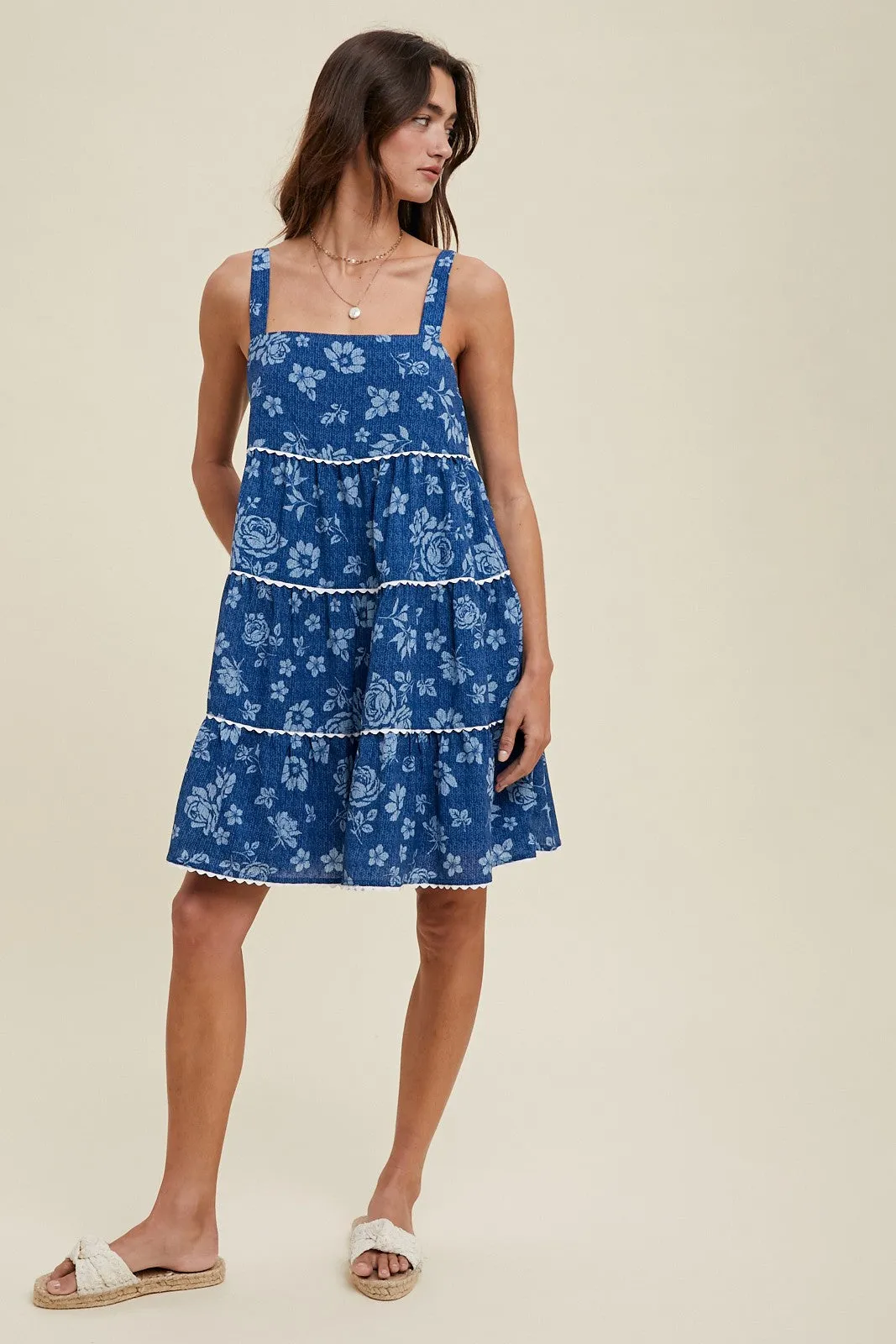 Navy Blue Floral Tiered Mini Dress sold by Pinkblush