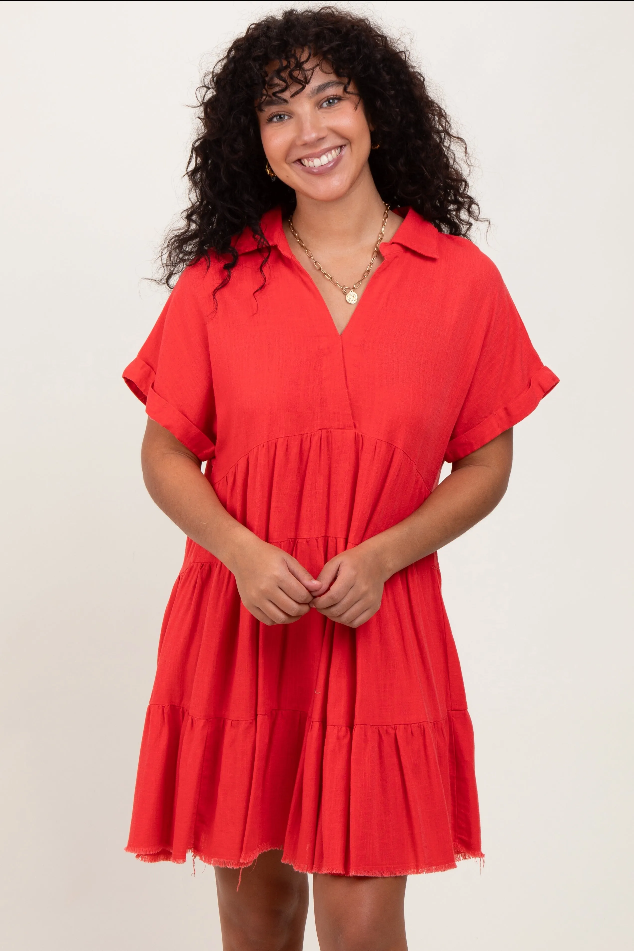 Coral Tiered Linen Dress sold by Pinkblush