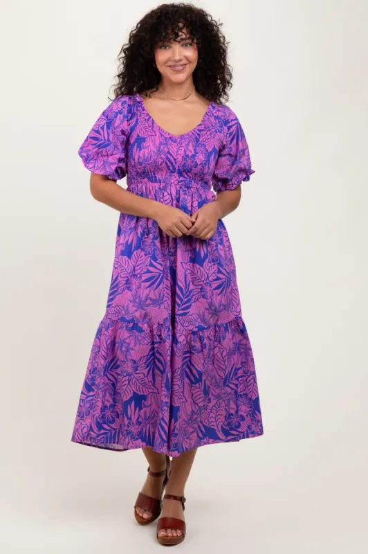 Magenta Tropical Floral Smocked Tie Back Maxi Dress sold by Pinkblush