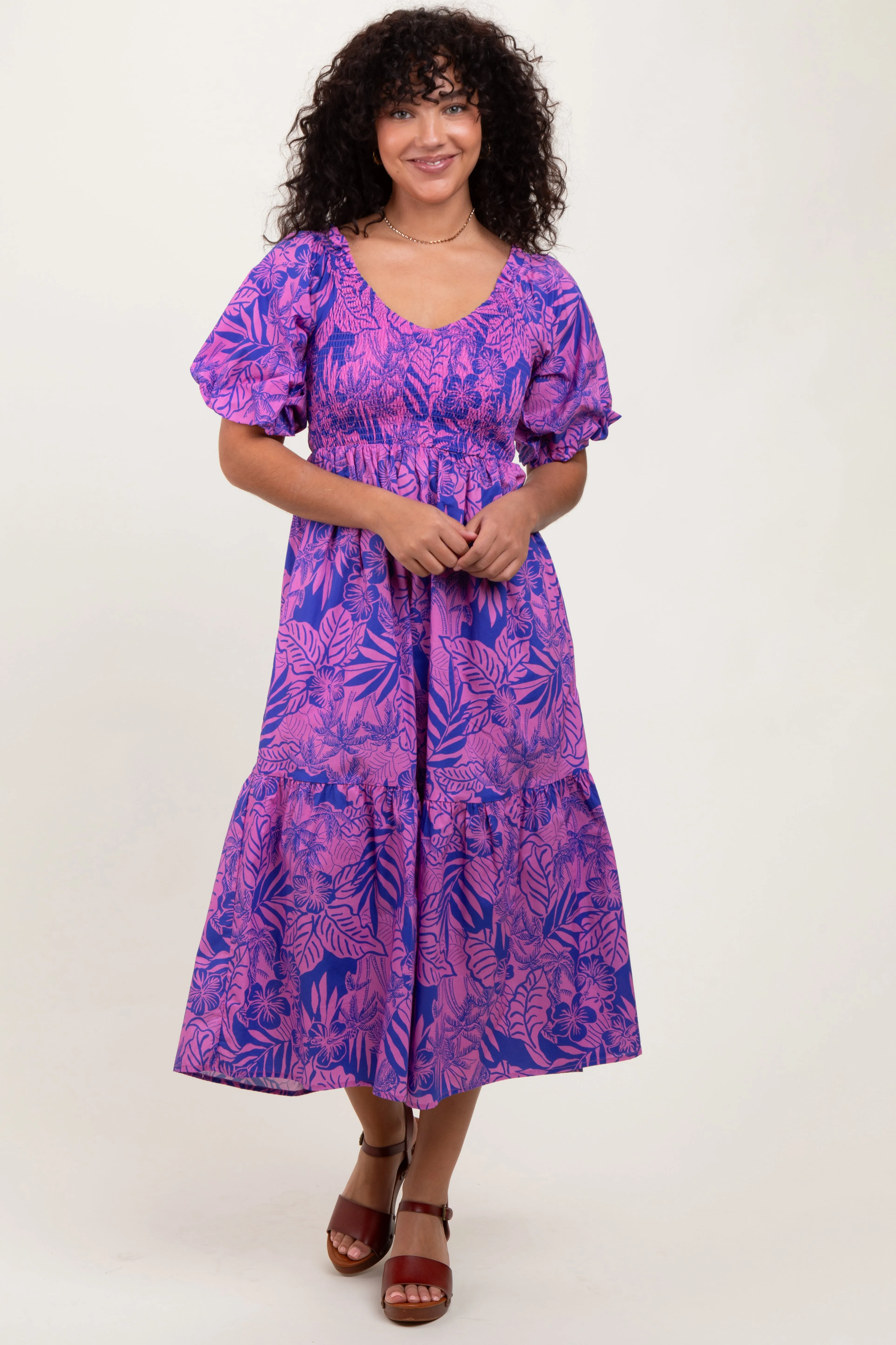 Magenta Tropical Floral Smocked Tie Back Maxi Dress sold by Pinkblush