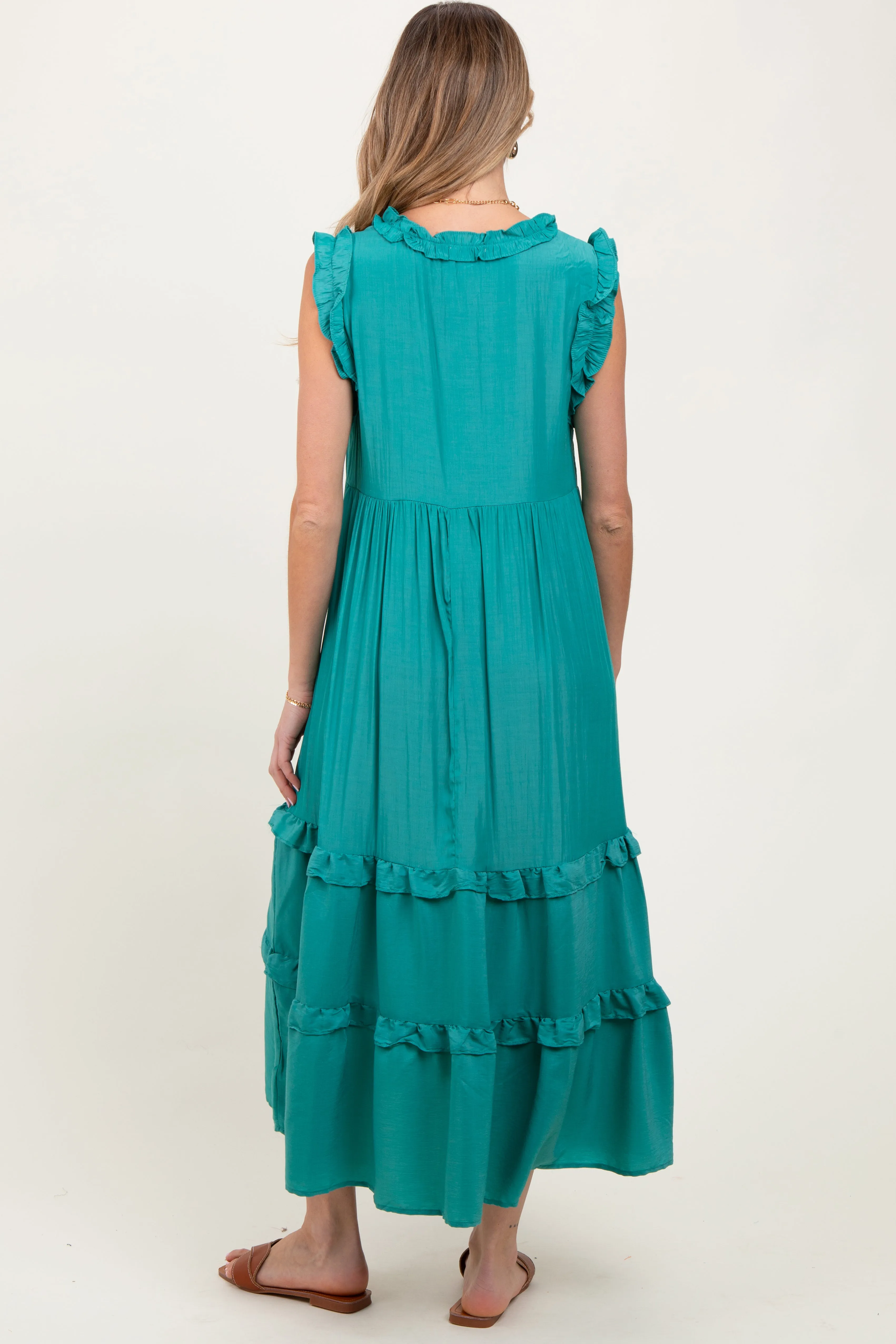 Green Ruffle Accent Tiered Front Tie Maternity Midi Dress sold by Pinkblush product image thumbnail 3