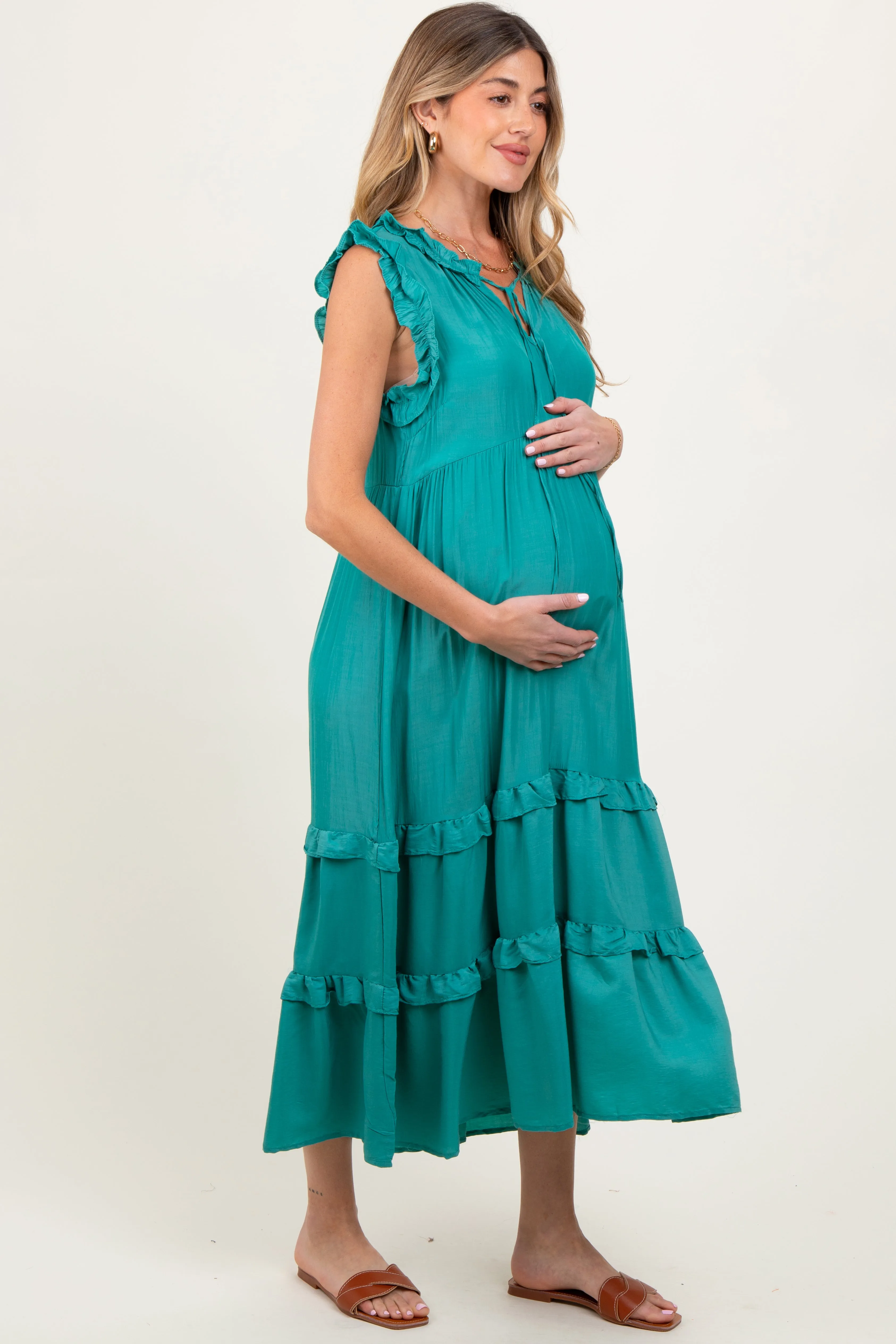 Green Ruffle Accent Tiered Front Tie Maternity Midi Dress sold by Pinkblush product image thumbnail 2