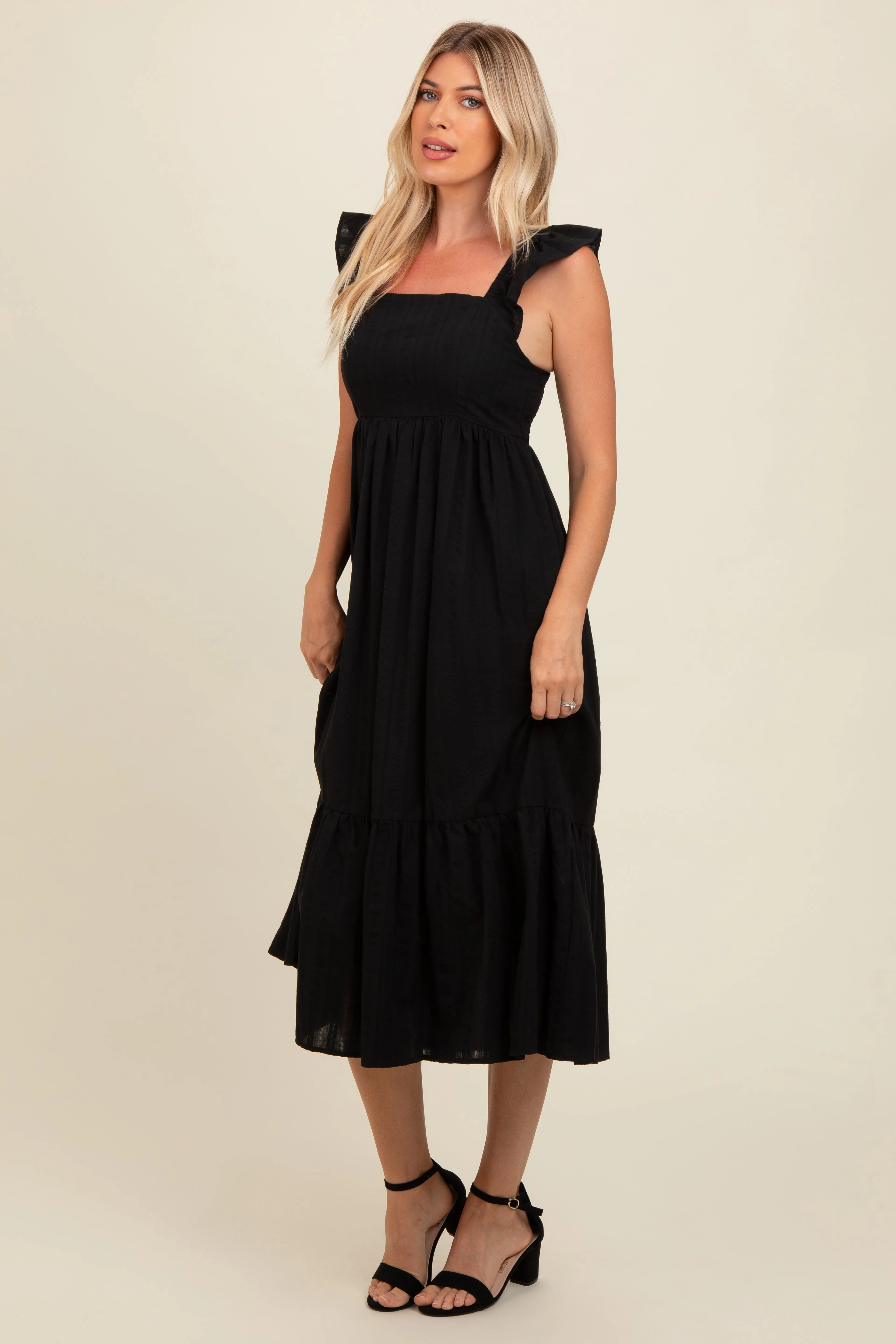 Black Textured Cotton Ruffle Strap Midi Dress sold by Pinkblush product image thumbnail 3