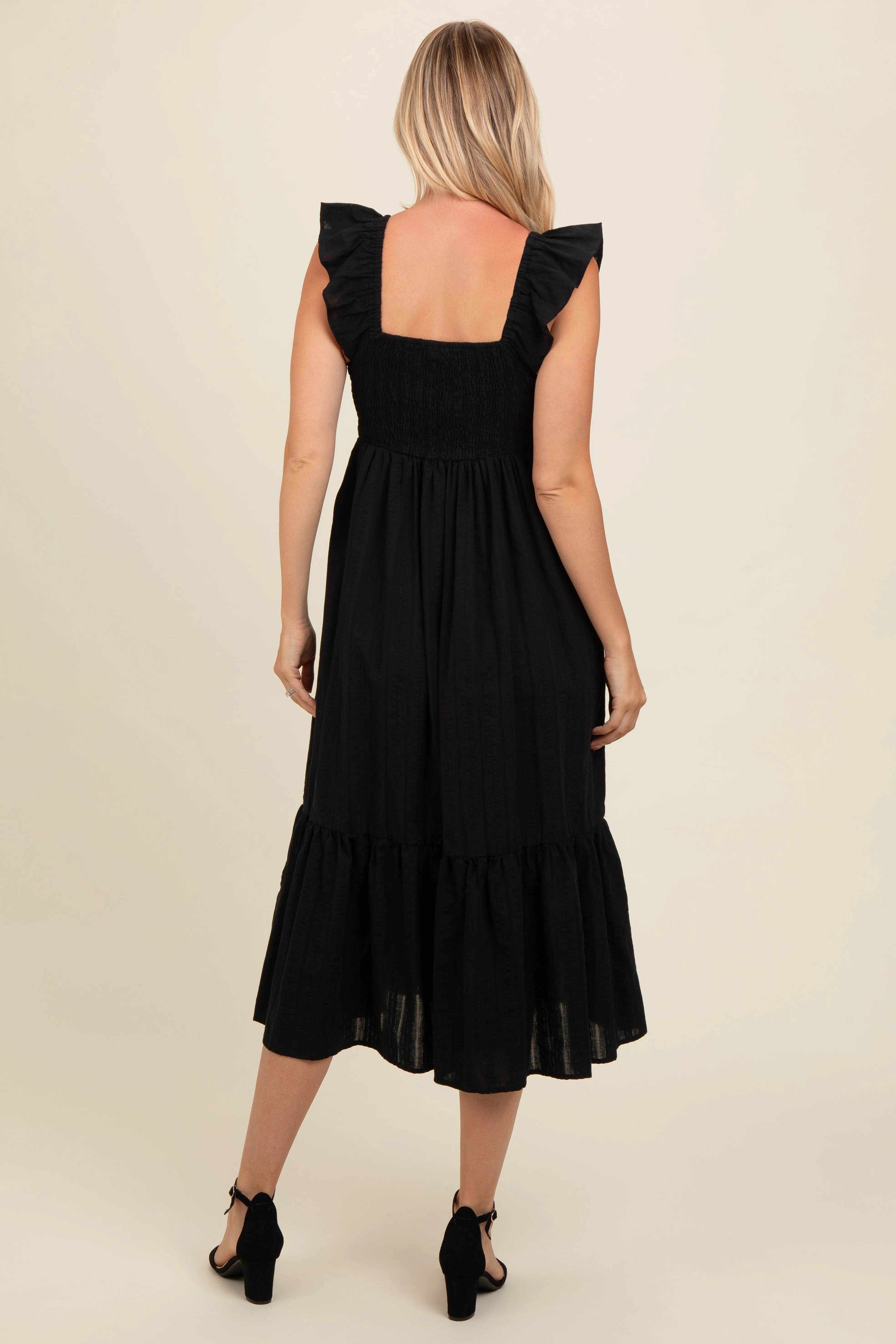 Black Textured Cotton Ruffle Strap Midi Dress sold by Pinkblush product image thumbnail 4