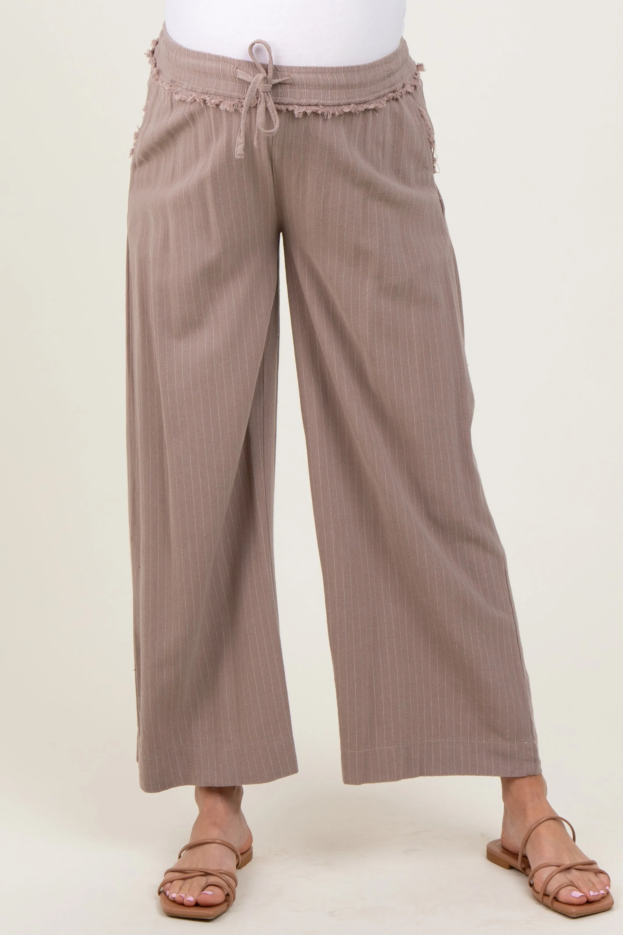 Mocha Striped Drawstring Linen Blend Maternity Wide Leg Pants sold by Pinkblush product image thumbnail 2