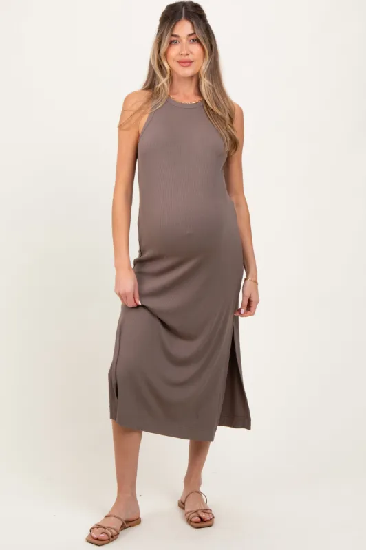 Mocha Sleeveless Side Slit Maternity Midi Dress sold by Pinkblush