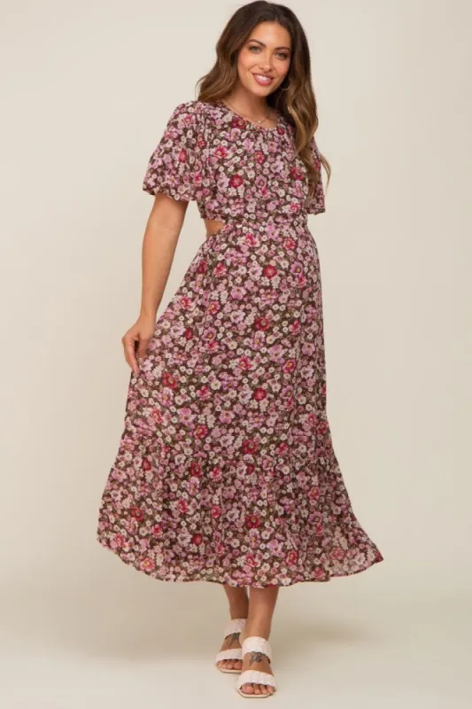 Brown Floral Chiffon Back Cutout Short Puff Sleeve Maternity Midi Dress sold by Pinkblush