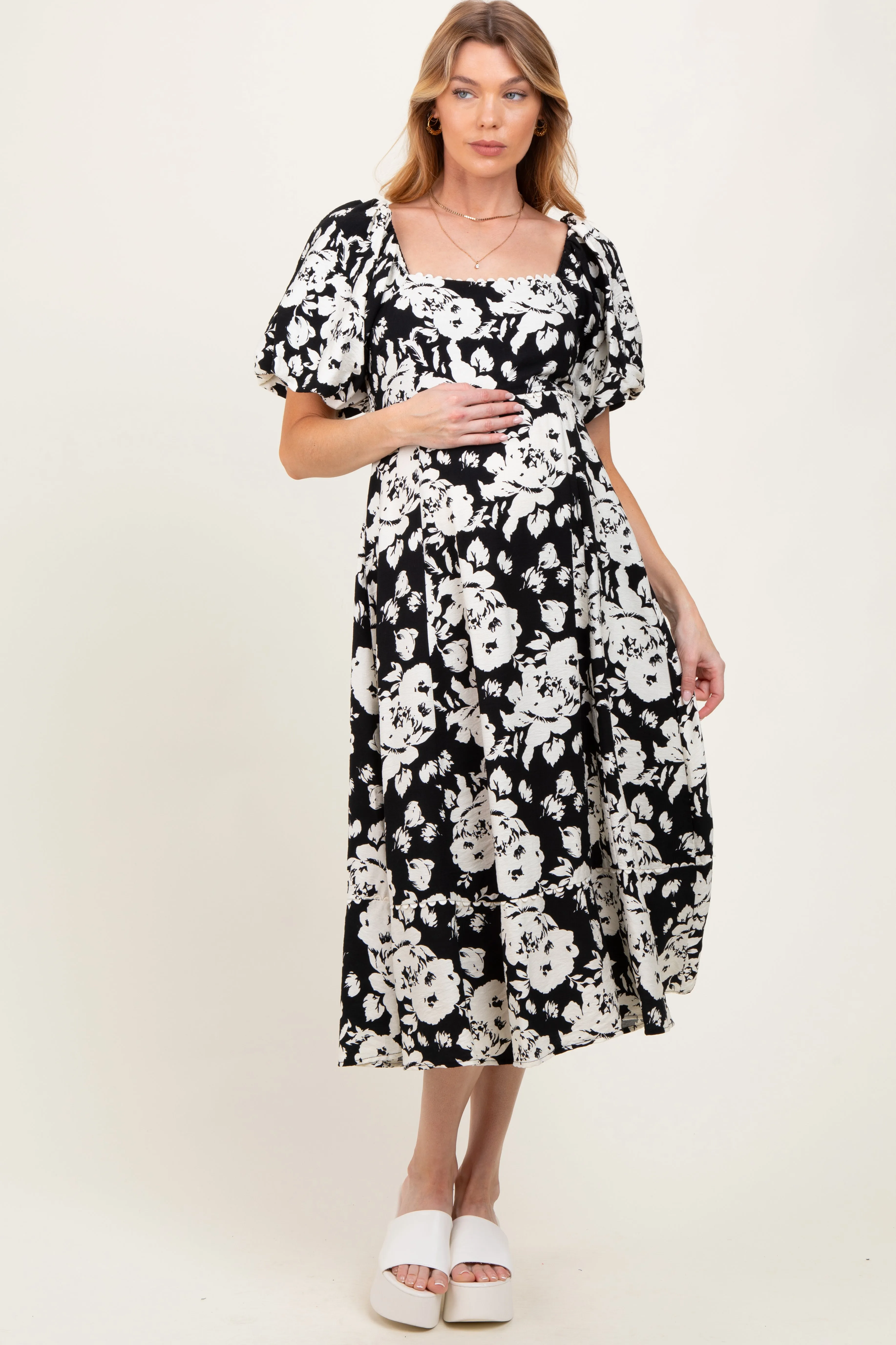 Black Floral Scallop Trim Puff Sleeve Maternity Midi Dress sold by Pinkblush product image thumbnail 2