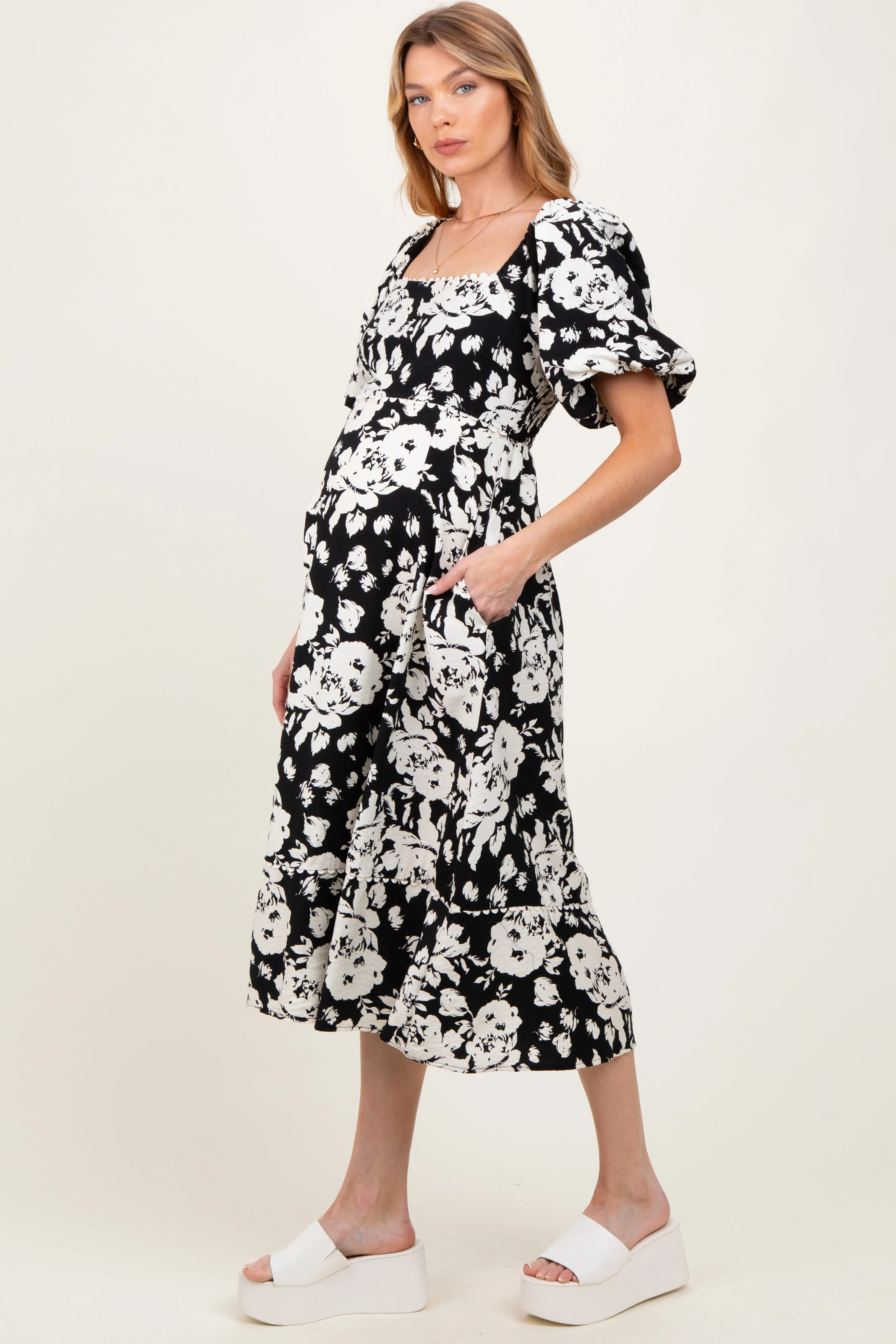 Black Floral Scallop Trim Puff Sleeve Maternity Midi Dress sold by Pinkblush product image thumbnail 3
