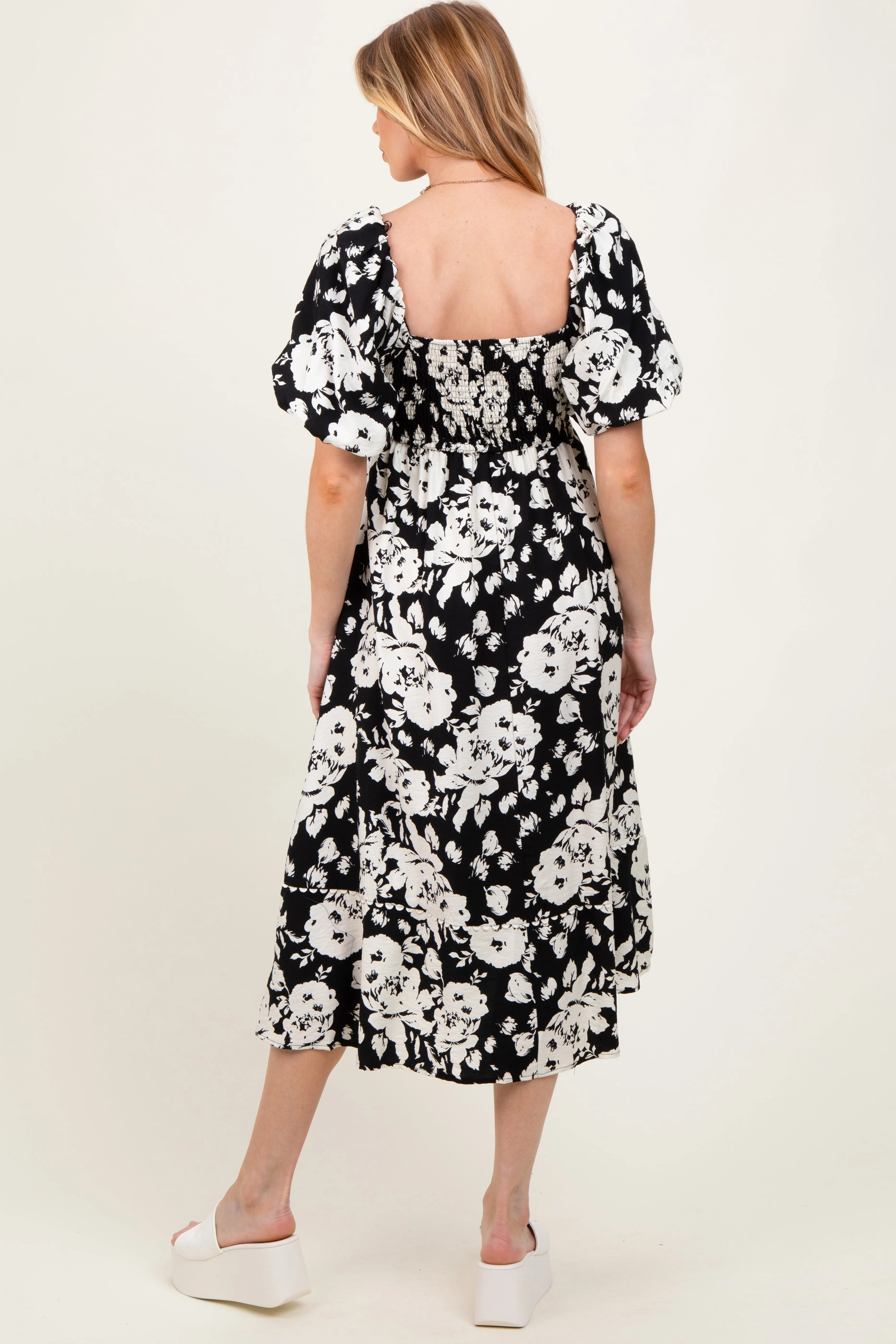 Black Floral Scallop Trim Puff Sleeve Maternity Midi Dress sold by Pinkblush product image thumbnail 4