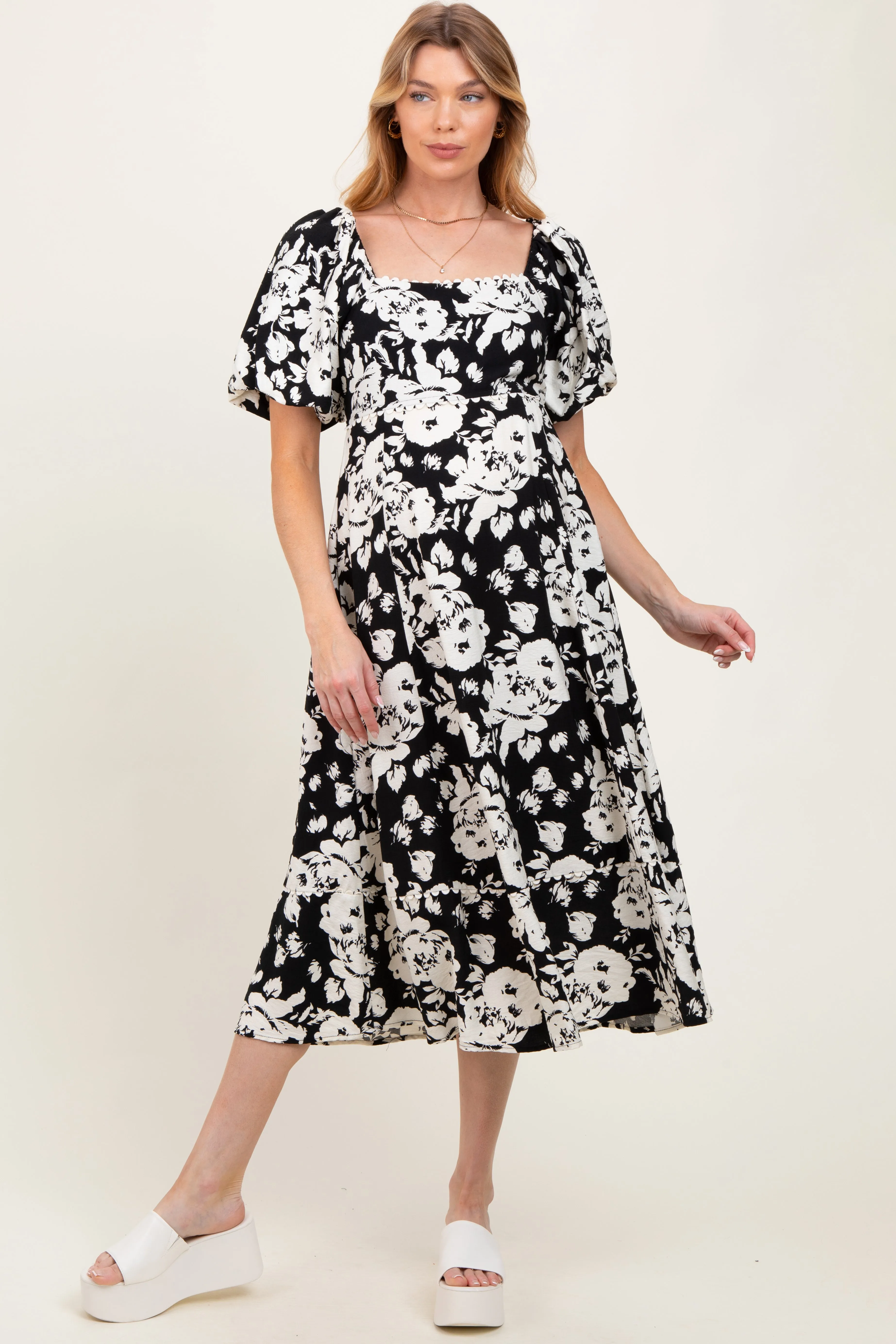 Black Floral Scallop Trim Puff Sleeve Maternity Midi Dress sold by Pinkblush