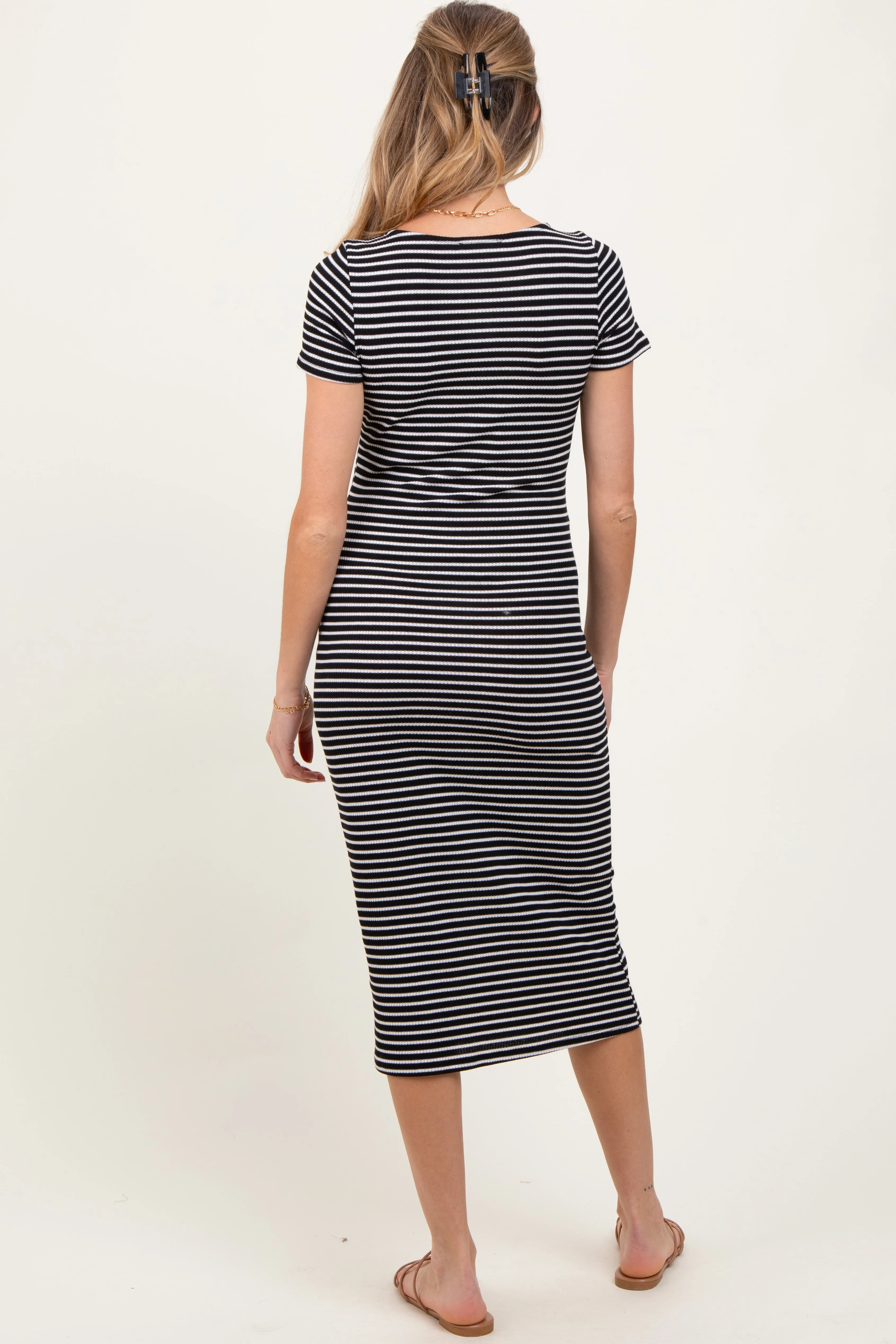 Black White Basic Stripe Rib Short Sleeve Maternity Dress sold by Pinkblush product image thumbnail 3