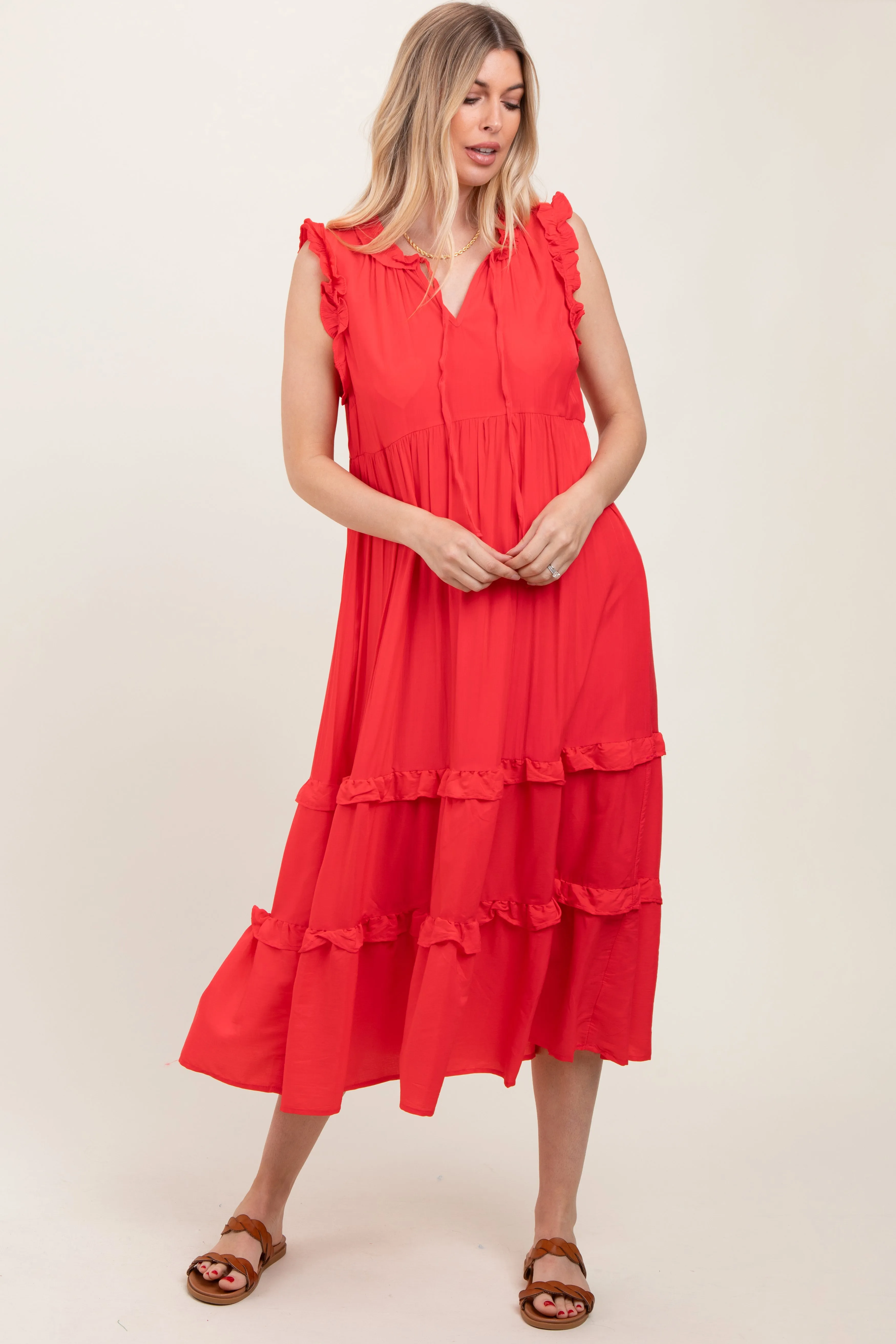 Red Ruffle Accent Tiered Front Tie Maternity Midi Dress sold by Pinkblush product image thumbnail 5