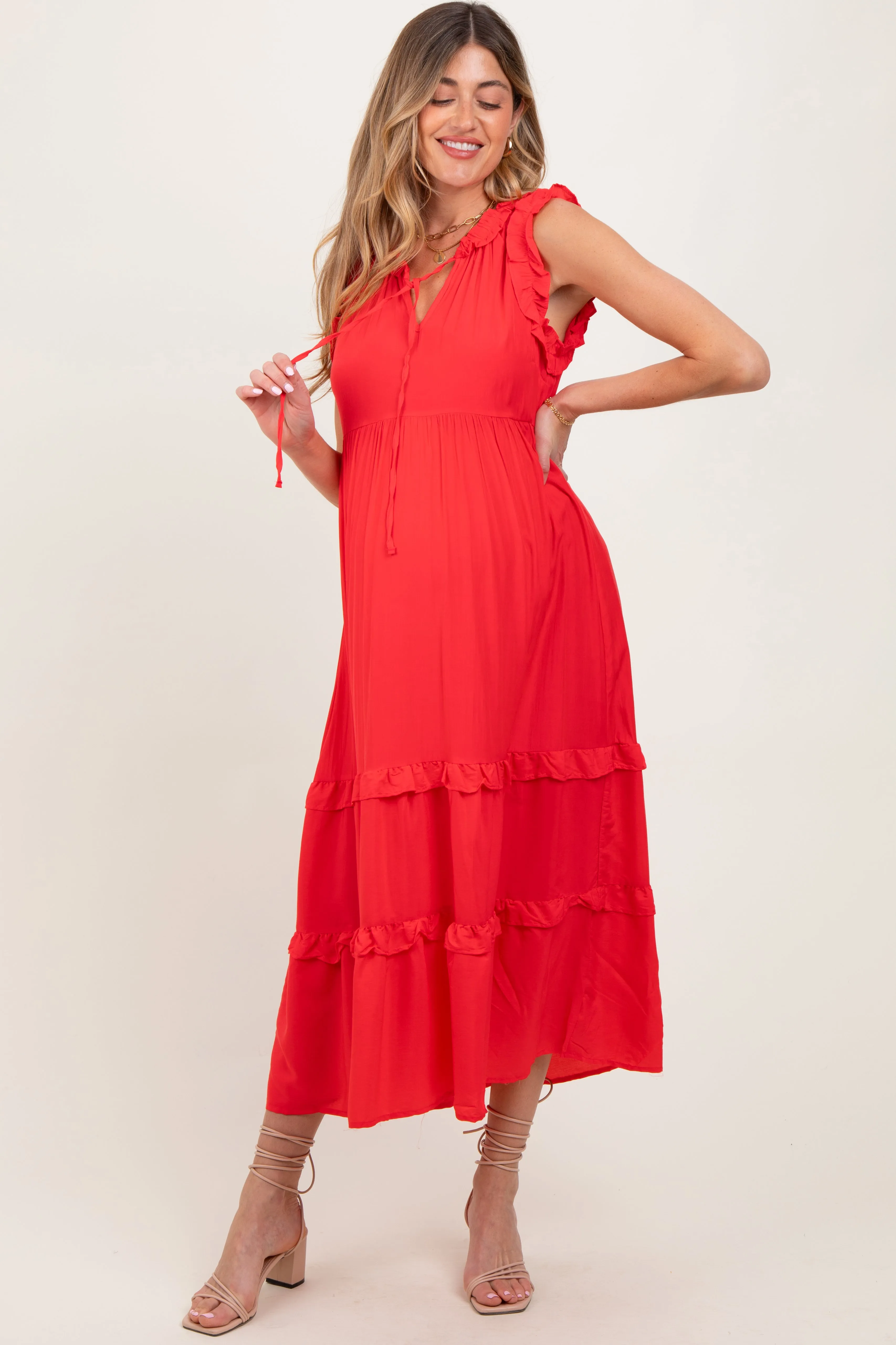 Red Ruffle Accent Tiered Front Tie Maternity Midi Dress sold by Pinkblush product image thumbnail 2