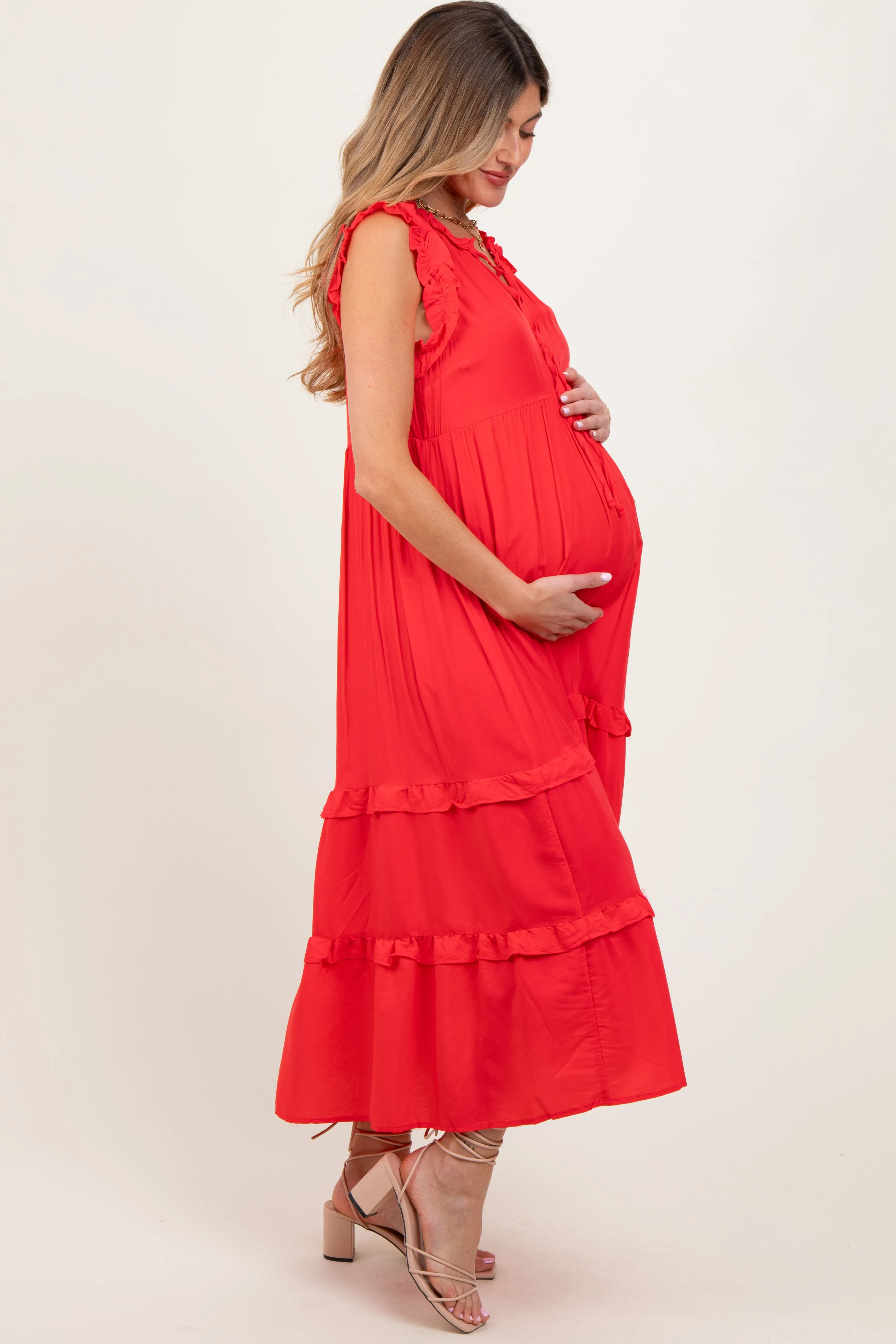 Red Ruffle Accent Tiered Front Tie Maternity Midi Dress sold by Pinkblush product image thumbnail 3