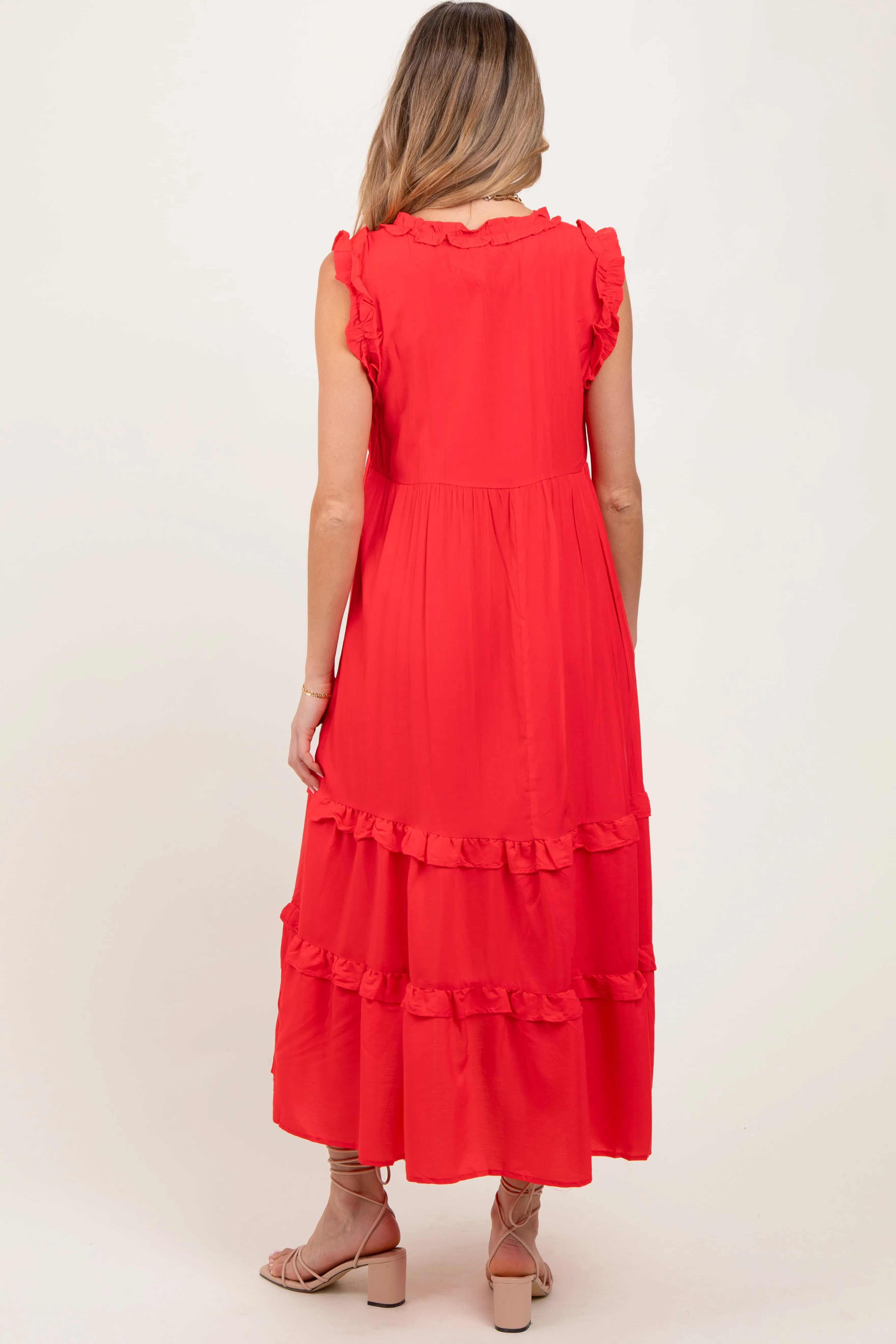 Red Ruffle Accent Tiered Front Tie Maternity Midi Dress sold by Pinkblush product image thumbnail 4