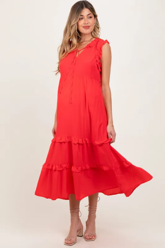 Red Ruffle Accent Tiered Front Tie Maternity Midi Dress sold by Pinkblush