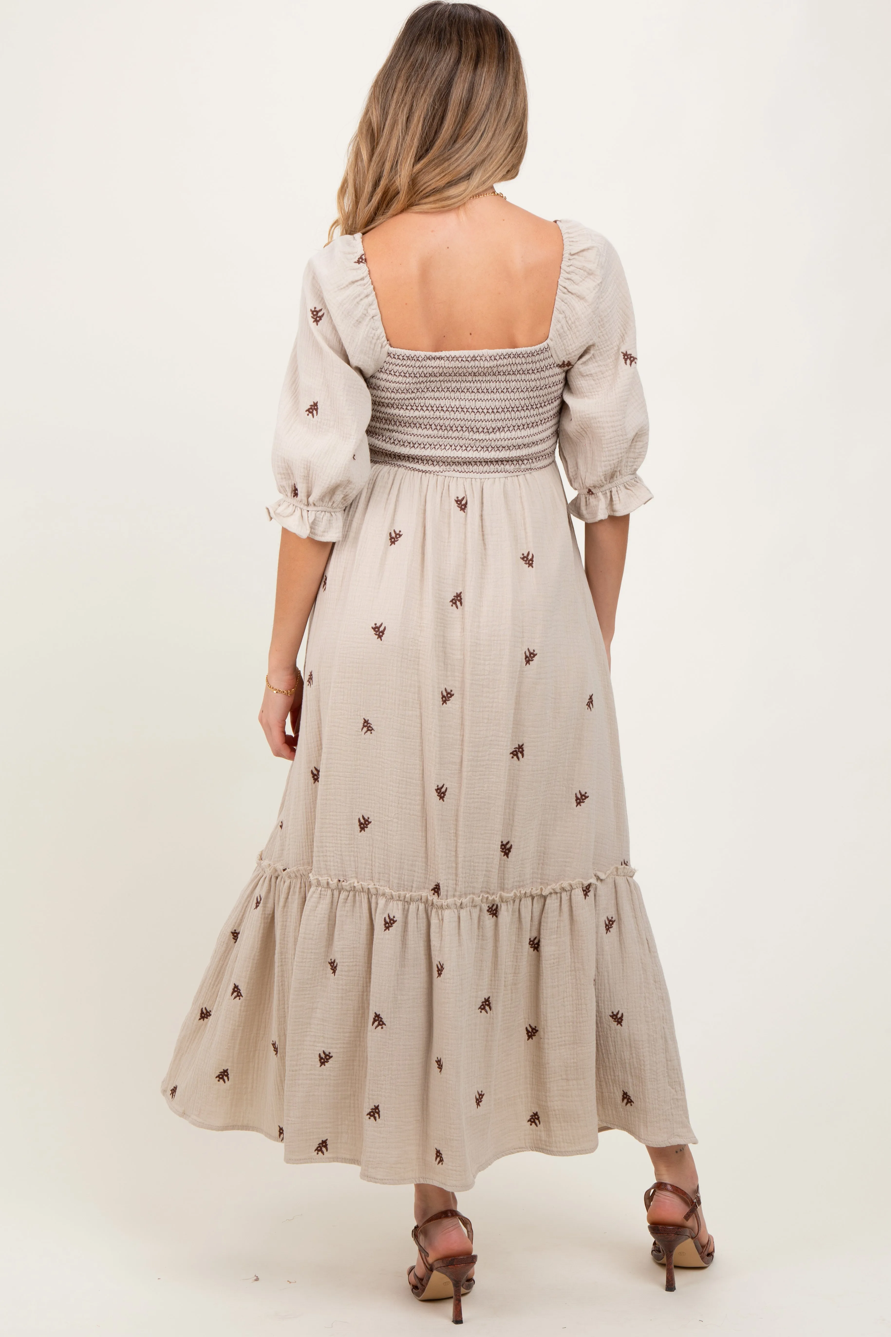 Taupe Gauze Smocked Embroidered Square Neck Maternity Midi Dress sold by Pinkblush product image thumbnail 3