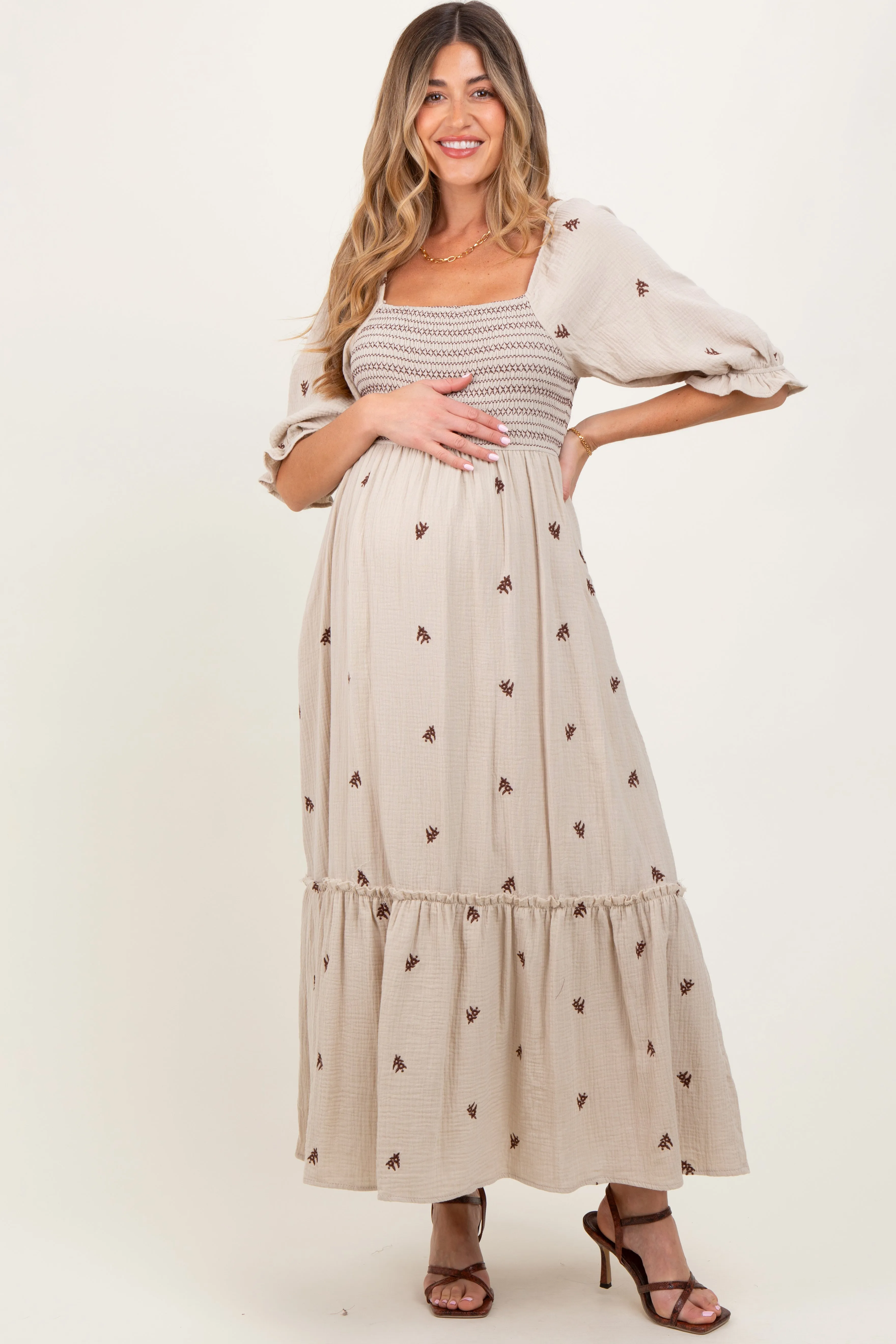 Taupe Gauze Smocked Embroidered Square Neck Maternity Midi Dress sold by Pinkblush