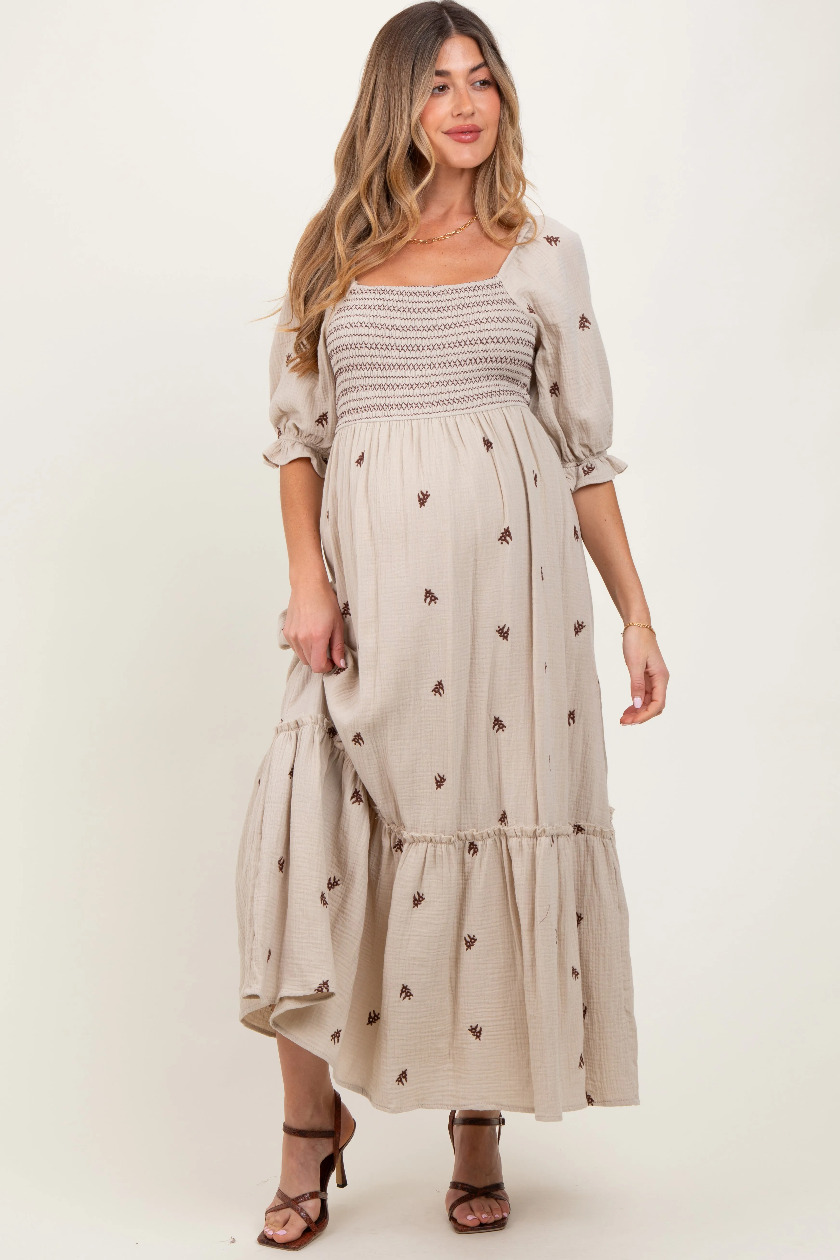 Taupe Gauze Smocked Embroidered Square Neck Maternity Midi Dress sold by Pinkblush product image thumbnail 2
