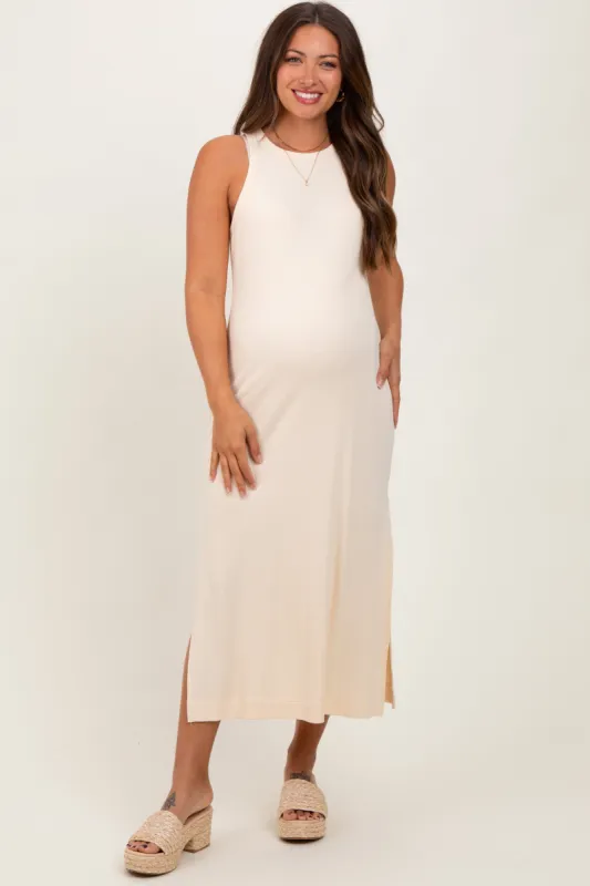 Cream Sleeveless Side Slit Maternity Midi Dress sold by Pinkblush