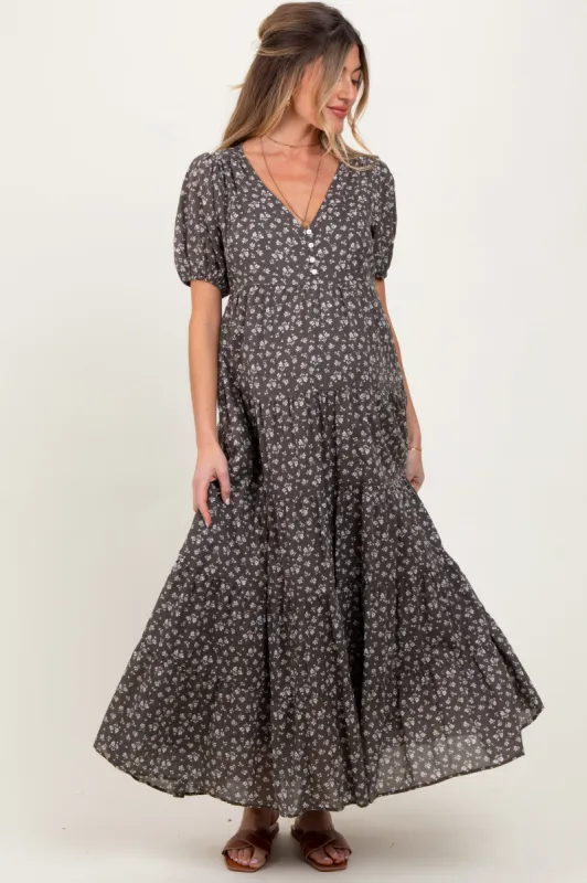 Grey Tiered Floral Maternity Maxi Dress sold by Pinkblush