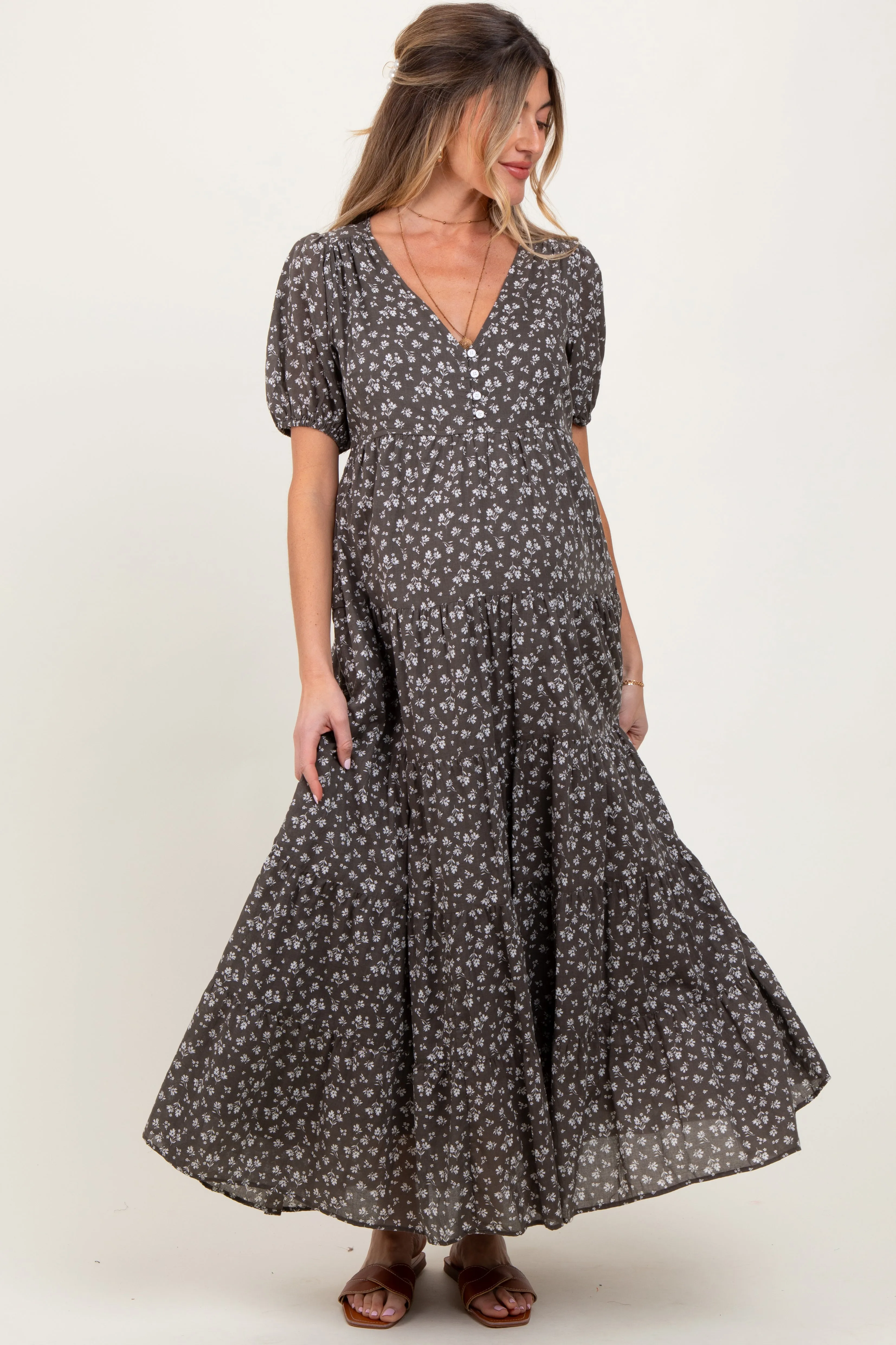Grey Tiered Floral Maternity Maxi Dress sold by Pinkblush