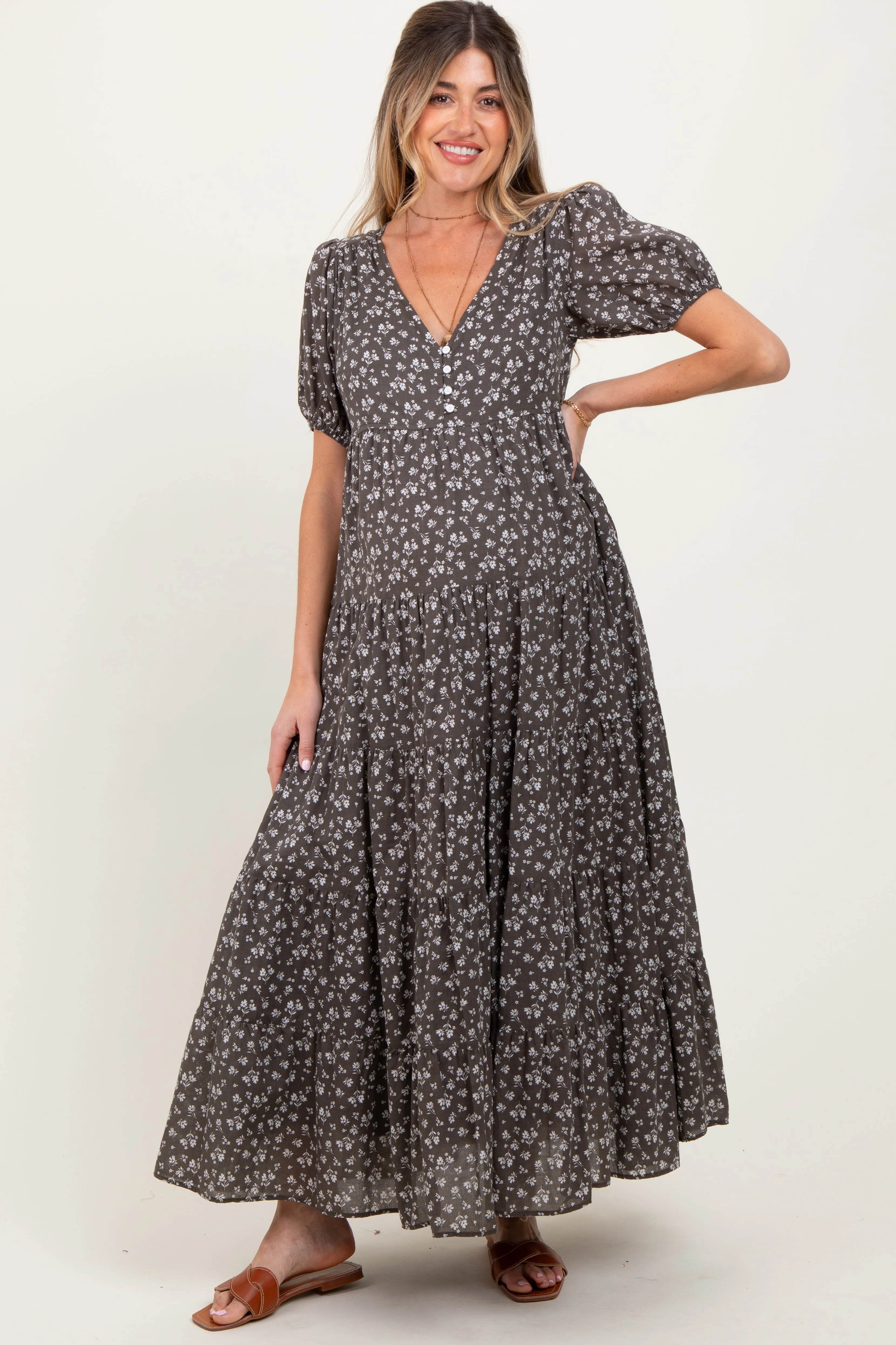 Grey Tiered Floral Maternity Maxi Dress sold by Pinkblush product image thumbnail 2