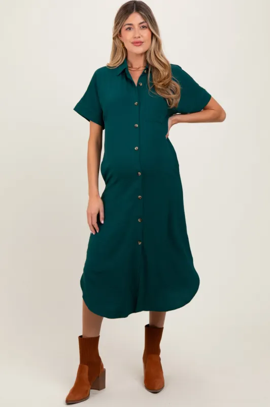 Hunter Green Button Down Front Pocket Maternity Midi Dress sold by Pinkblush