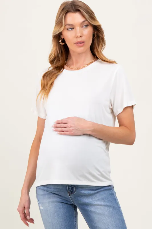 Cream Basic Round Neck Short Sleeve Maternity T-Shirt sold by Pinkblush