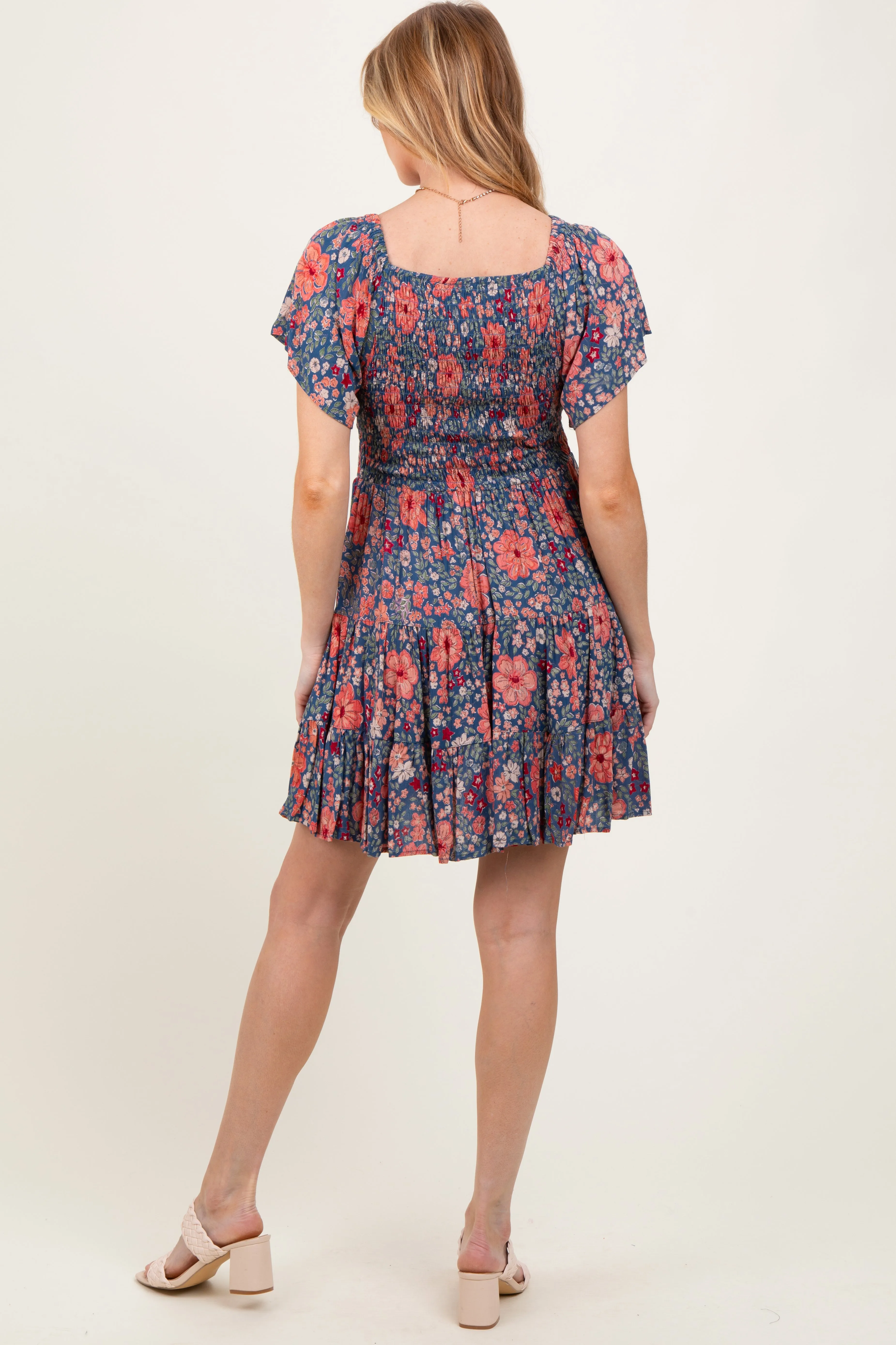 Blue Floral Smocked V-Neck Flutter Sleeve Maternity Dress sold by Pinkblush product image thumbnail 4