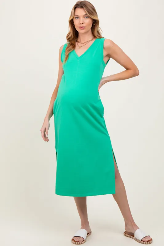 Green V-Neck Sleeveless Side Slit Maternity Midi Dress sold by Pinkblush