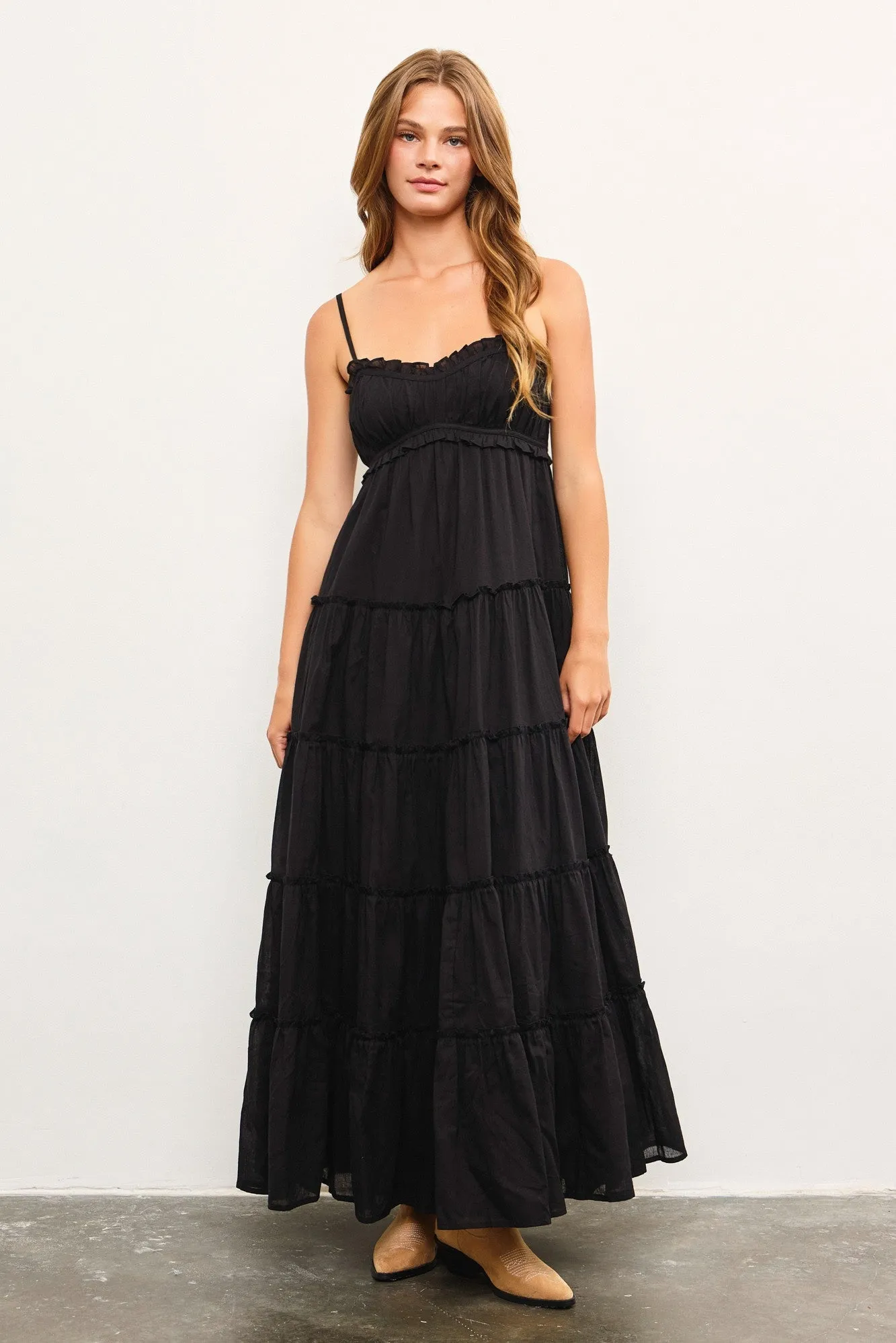 Black Shirred Bust Ruffle Tiered Maxi Dress sold by Pinkblush