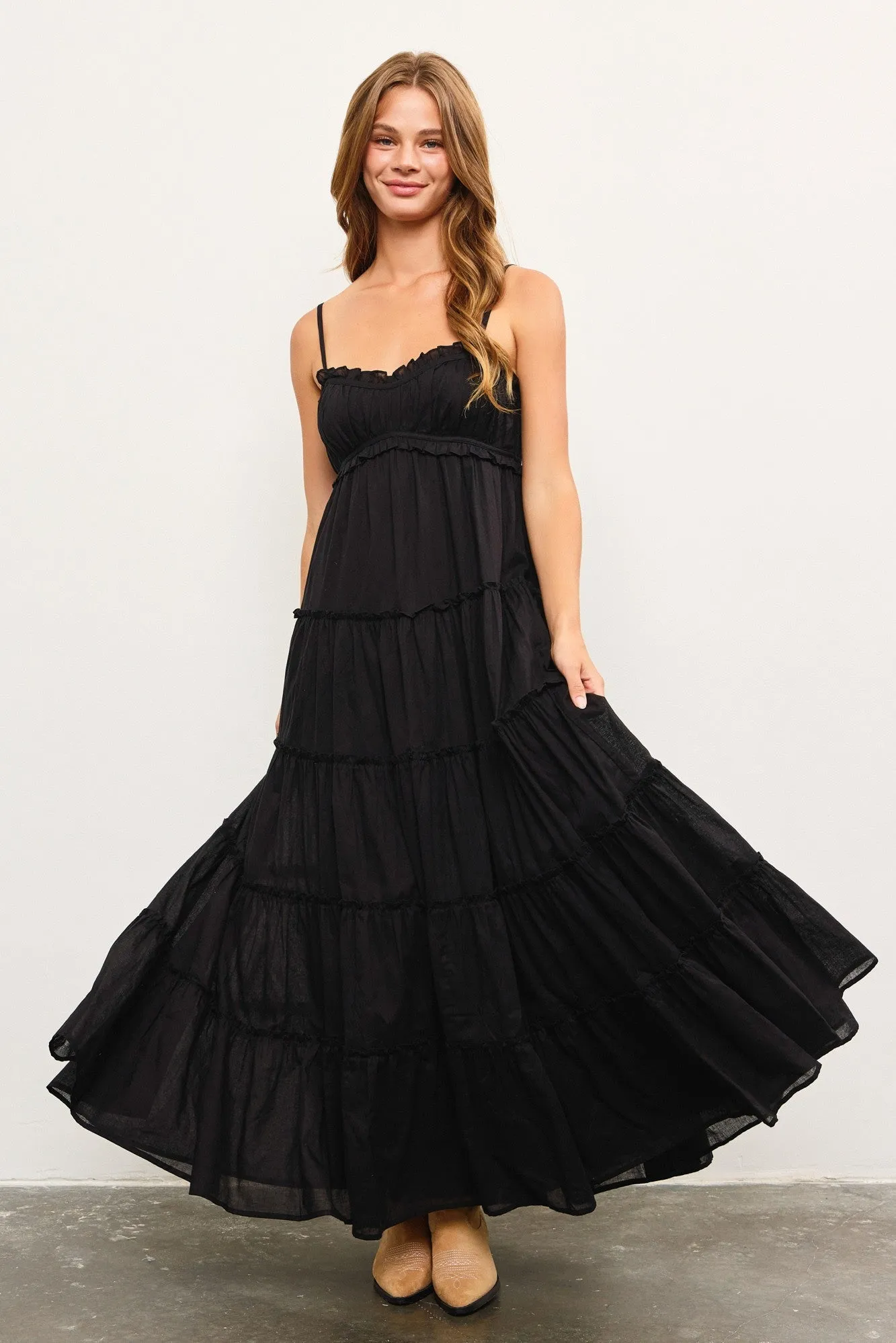 Black Shirred Bust Ruffle Tiered Maxi Dress sold by Pinkblush product image thumbnail 2