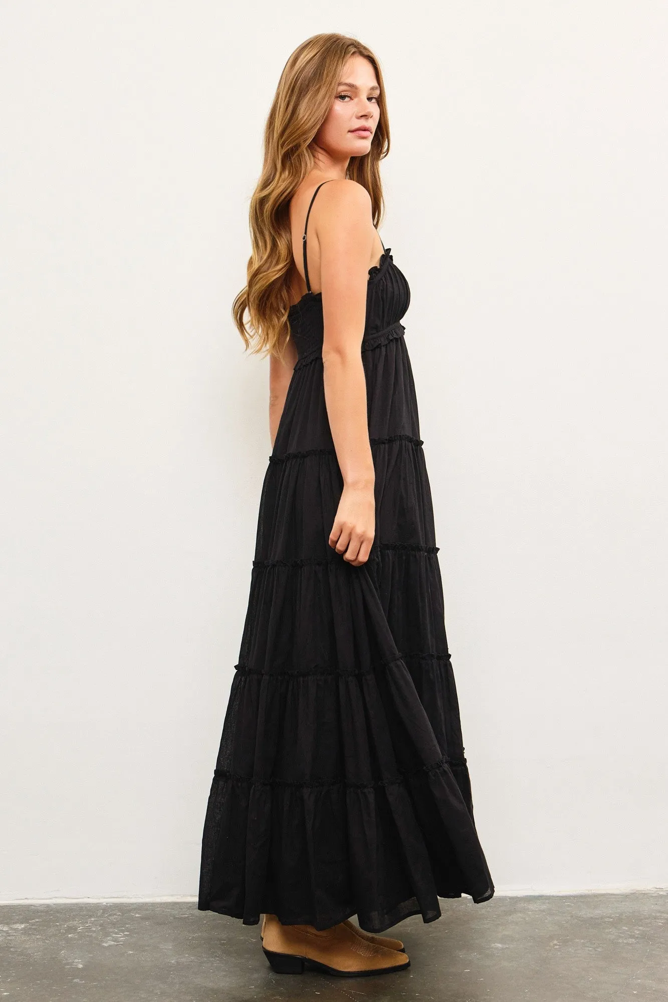 Black Shirred Bust Ruffle Tiered Maxi Dress sold by Pinkblush product image thumbnail 3