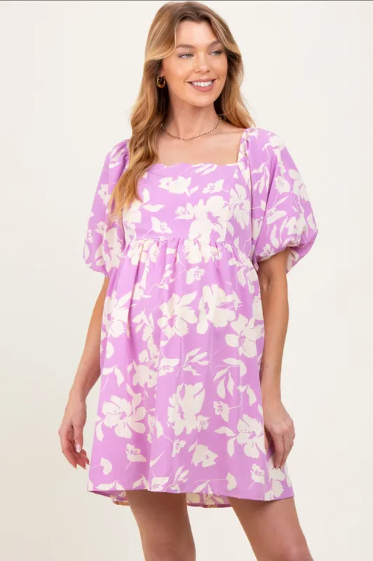 Lavender Floral Puff Sleeve Maternity Mini Dress sold by Pinkblush