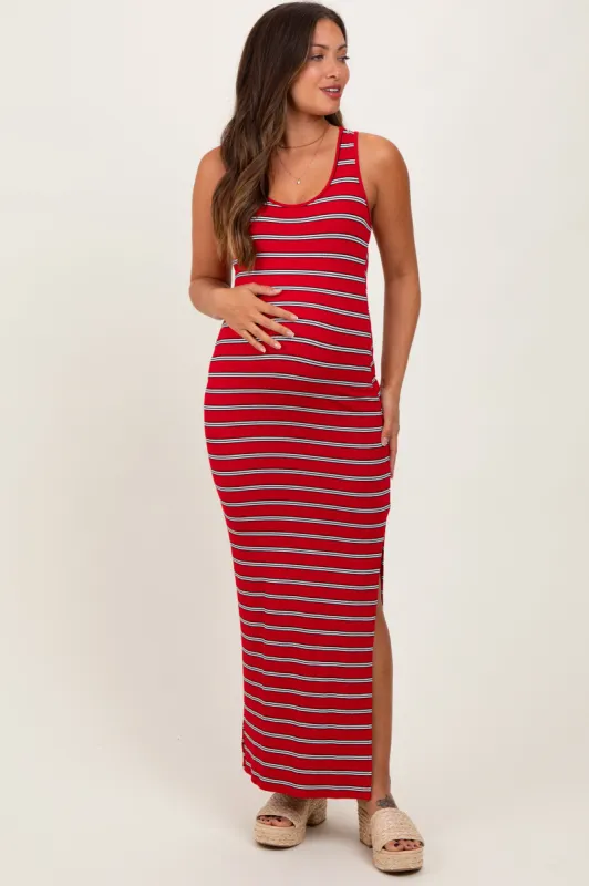 Red Black Striped Side Slit Maternity Maxi Dress sold by Pinkblush